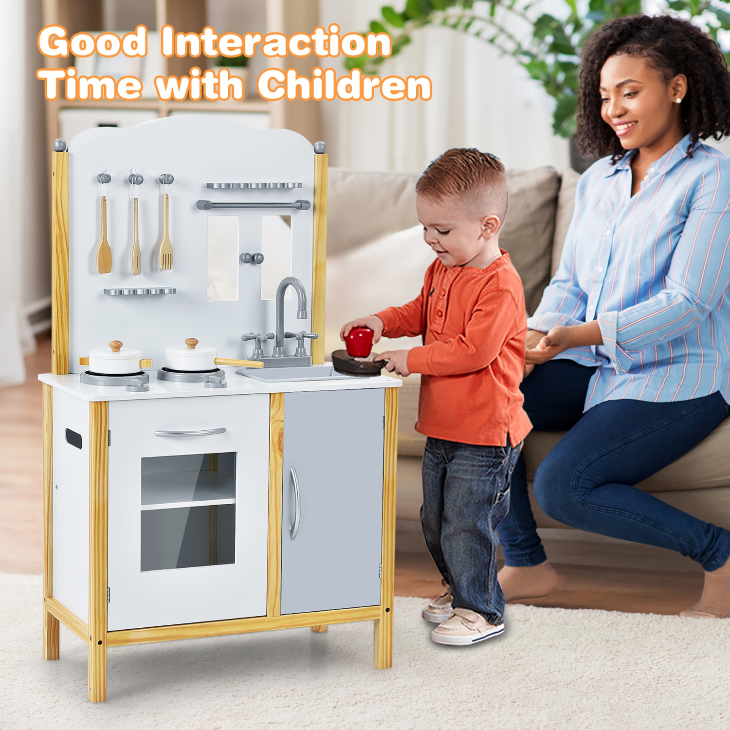 Costway Kids Play Kitchen Set Toddler Pretend Cooking Set w/ Cabinet&Accessories