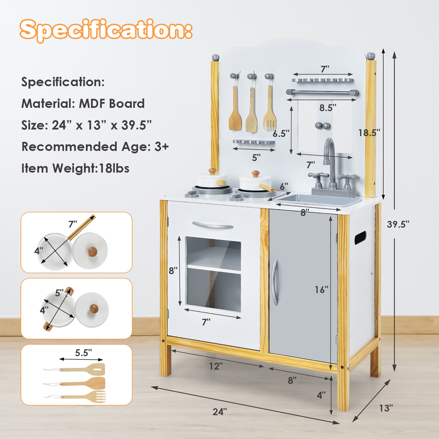 Costway Kids Play Kitchen Set Toddler Pretend Cooking Set w/ Cabinet&Accessories