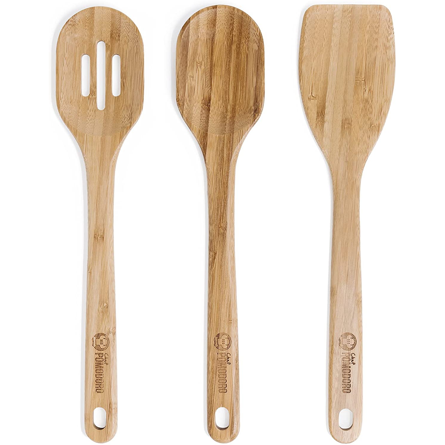 Ensemble d’ustensiles de cuisine en bois de 3 pièces de chef Pomodoro, bambou | grande spatule de 12.5 po, cuillère, cuillère à fentes | Ensemble de