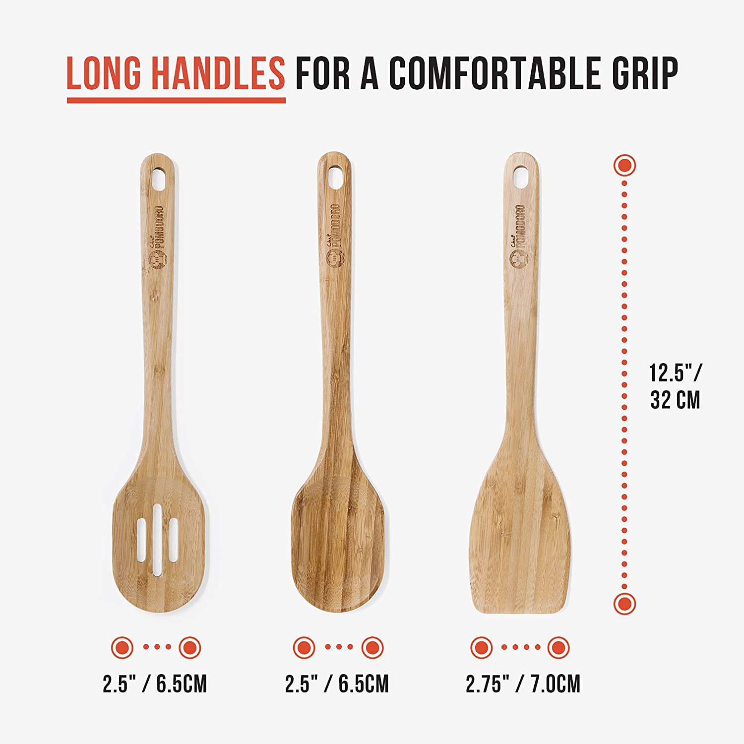 Ensemble d’ustensiles de cuisine en bois de 3 pièces de chef Pomodoro, bambou | grande spatule de 12.5 po, cuillère, cuillère à fentes | Ensemble de
