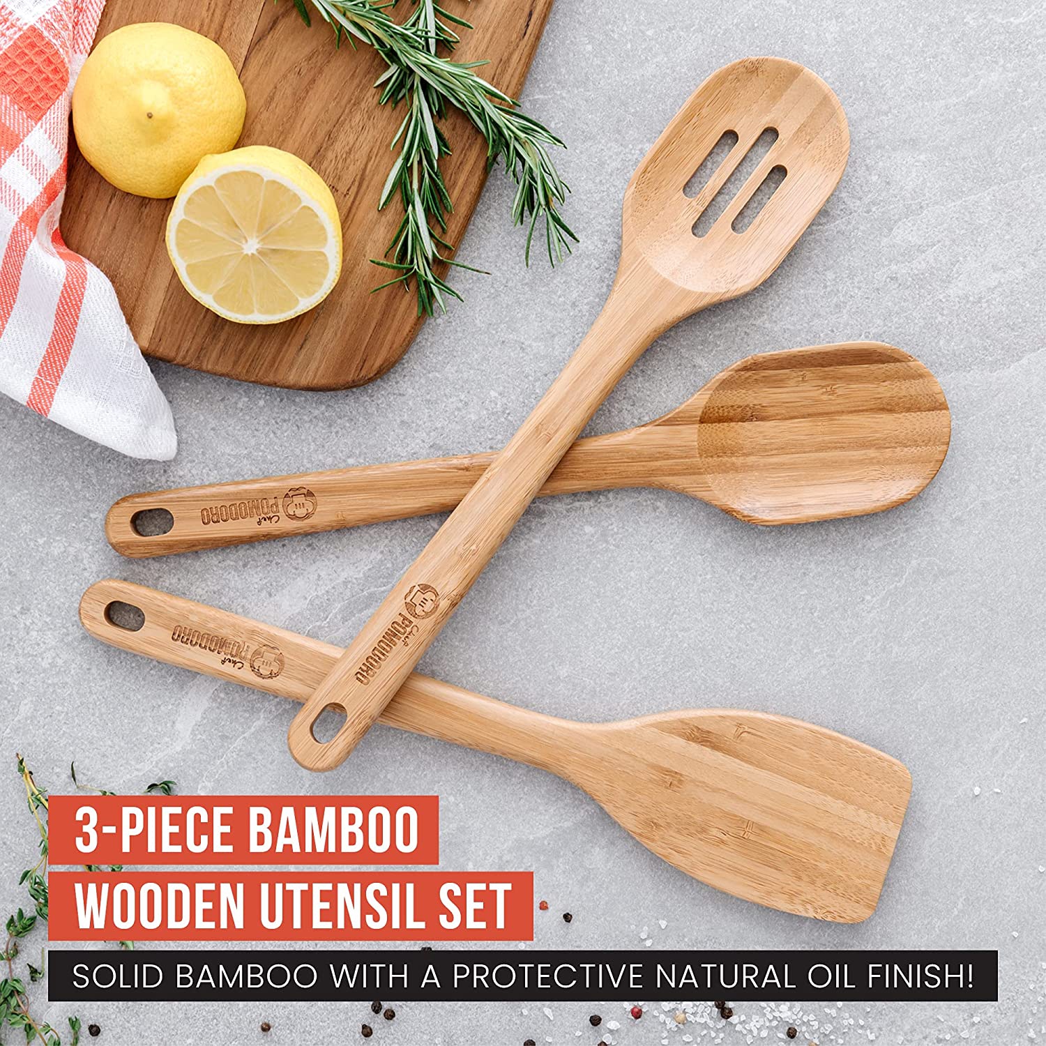 Ensemble d’ustensiles de cuisine en bois de 3 pièces de chef Pomodoro, bambou | grande spatule de 12.5 po, cuillère, cuillère à fentes | Ensemble de