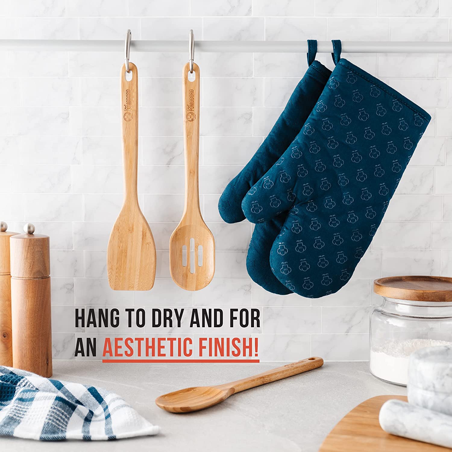 Ensemble d’ustensiles de cuisine en bois de 3 pièces de chef Pomodoro, bambou | grande spatule de 12.5 po, cuillère, cuillère à fentes | Ensemble de