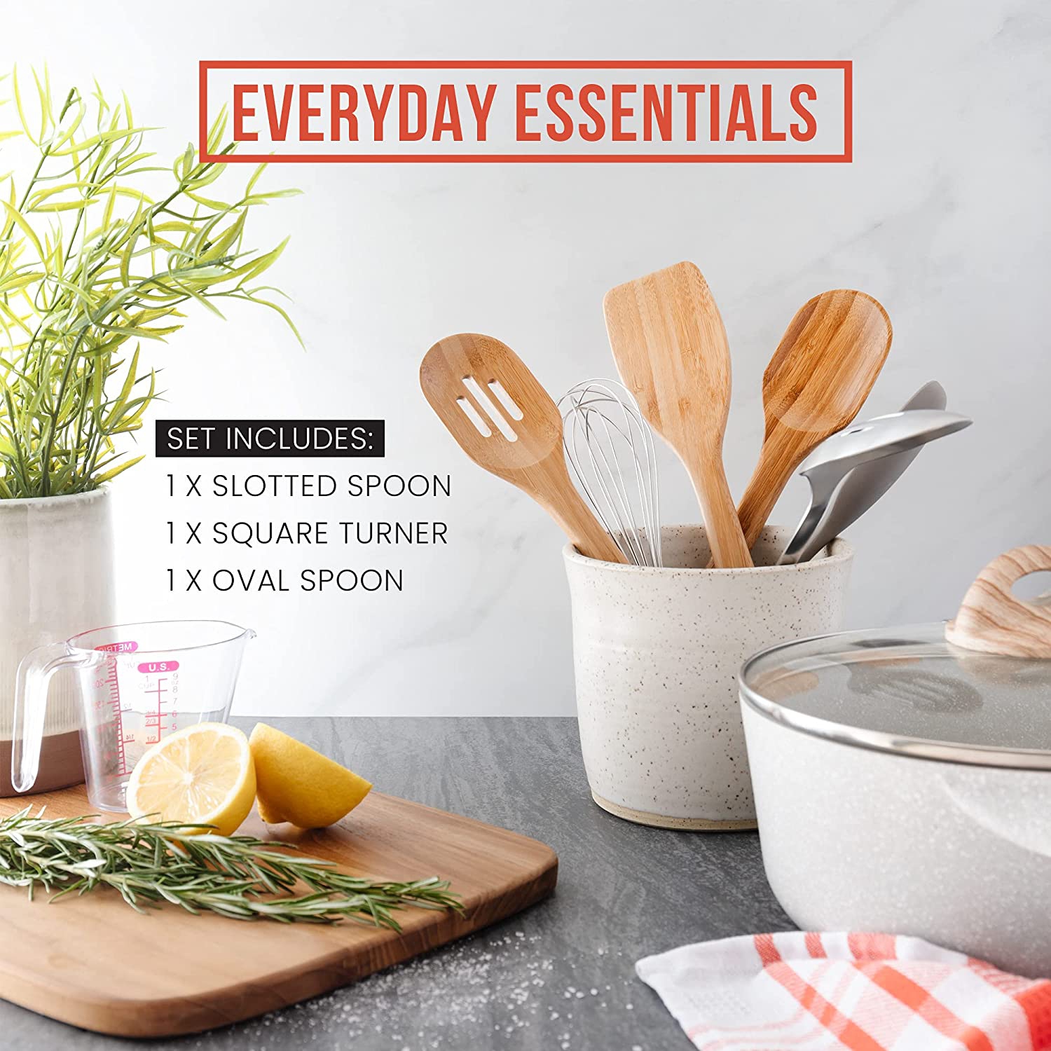 Ensemble d’ustensiles de cuisine en bois de 3 pièces de chef Pomodoro, bambou | grande spatule de 12.5 po, cuillère, cuillère à fentes | Ensemble de