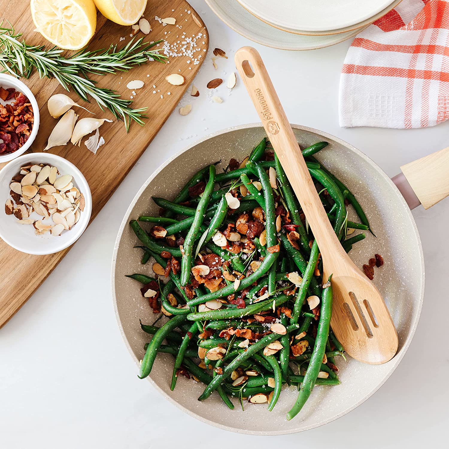 Ensemble d’ustensiles de cuisine en bois de 3 pièces de chef Pomodoro, bambou | grande spatule de 12.5 po, cuillère, cuillère à fentes | Ensemble de