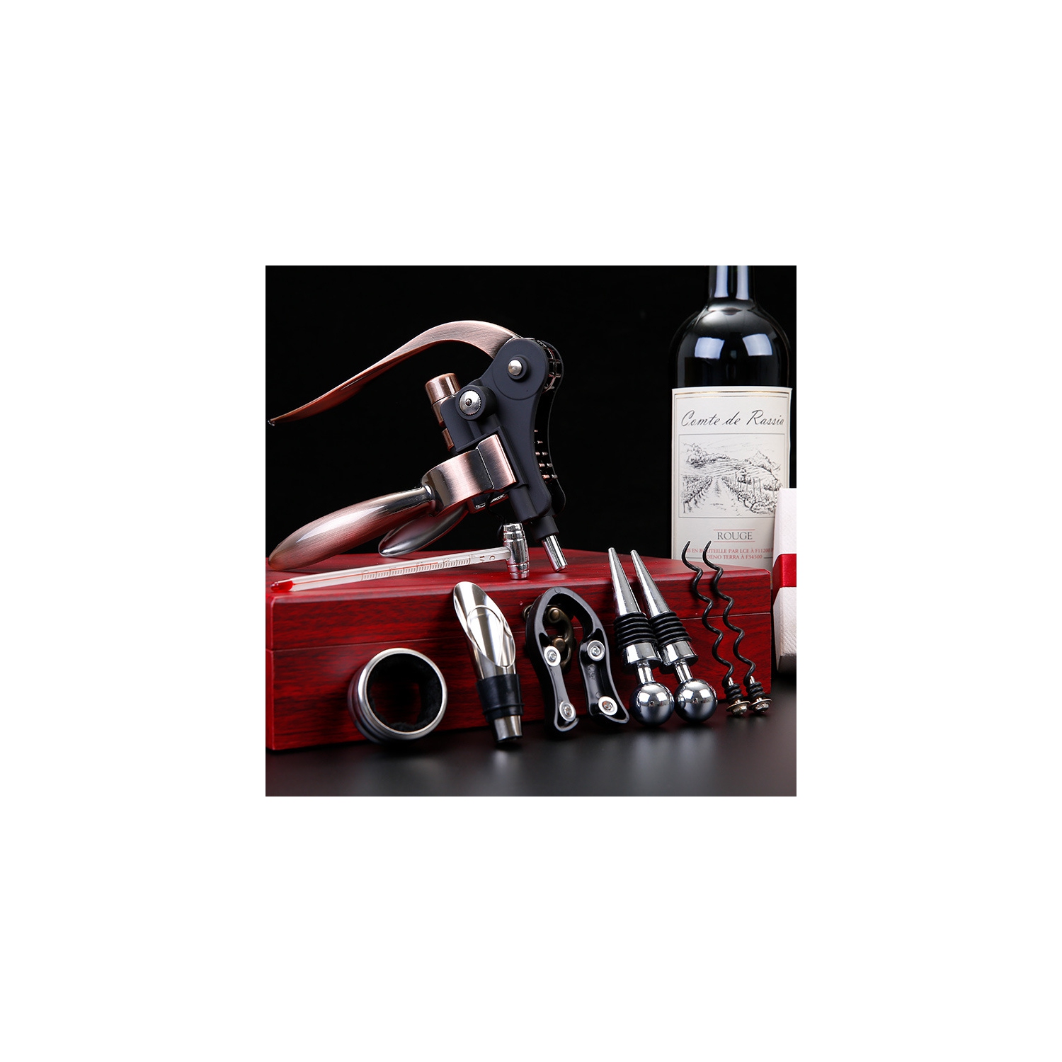 Arolly – Ouvre-bouteille de vin manuel, trousse d'ouvre-poignée en alliage de zinc, 9 accessoires à vin avec bouchon, coupe-capsule, aérateur, bec
