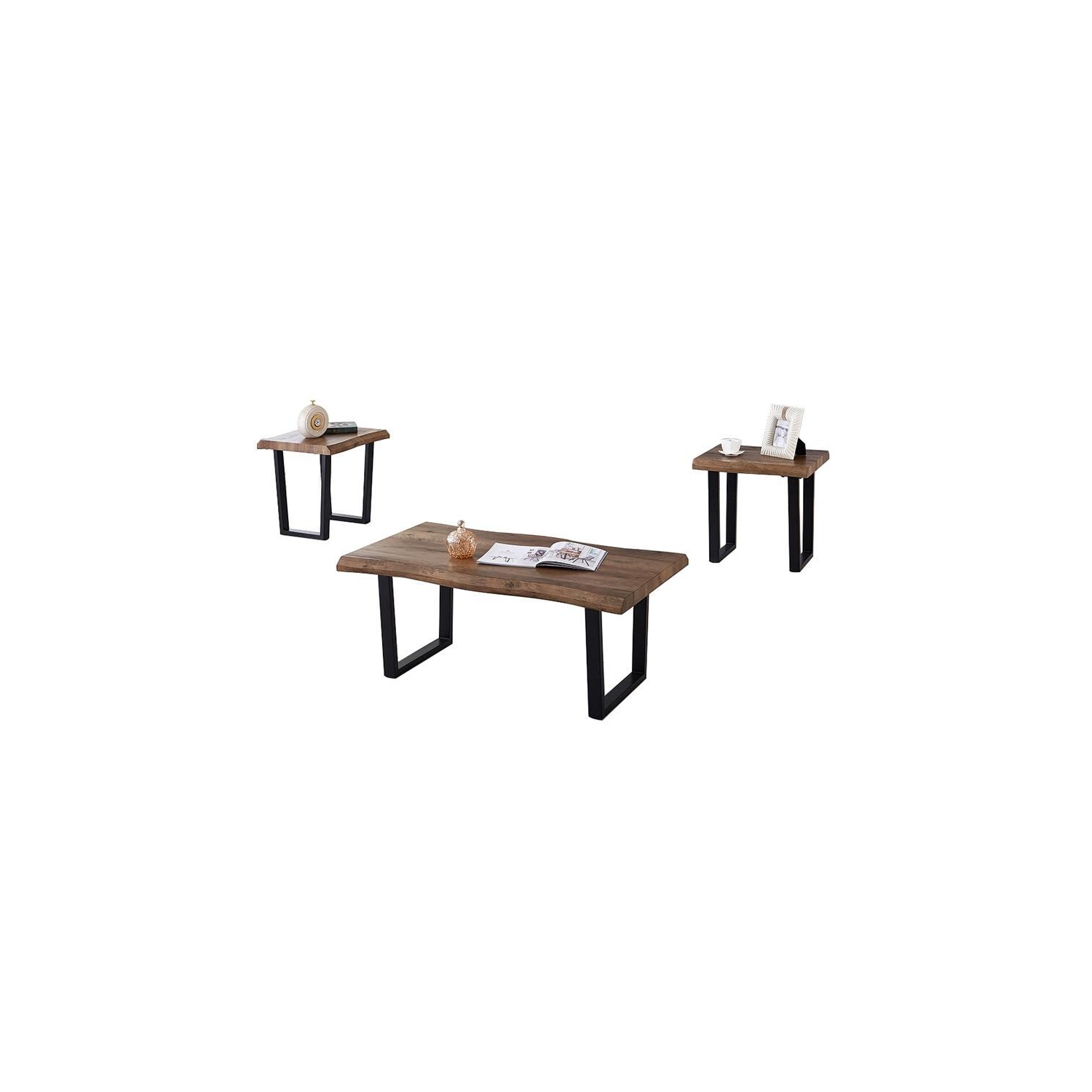 IFDC - Set of 1 Coffee Table and 2 Side Tables, Metal Legs, Brown Wood Pattern