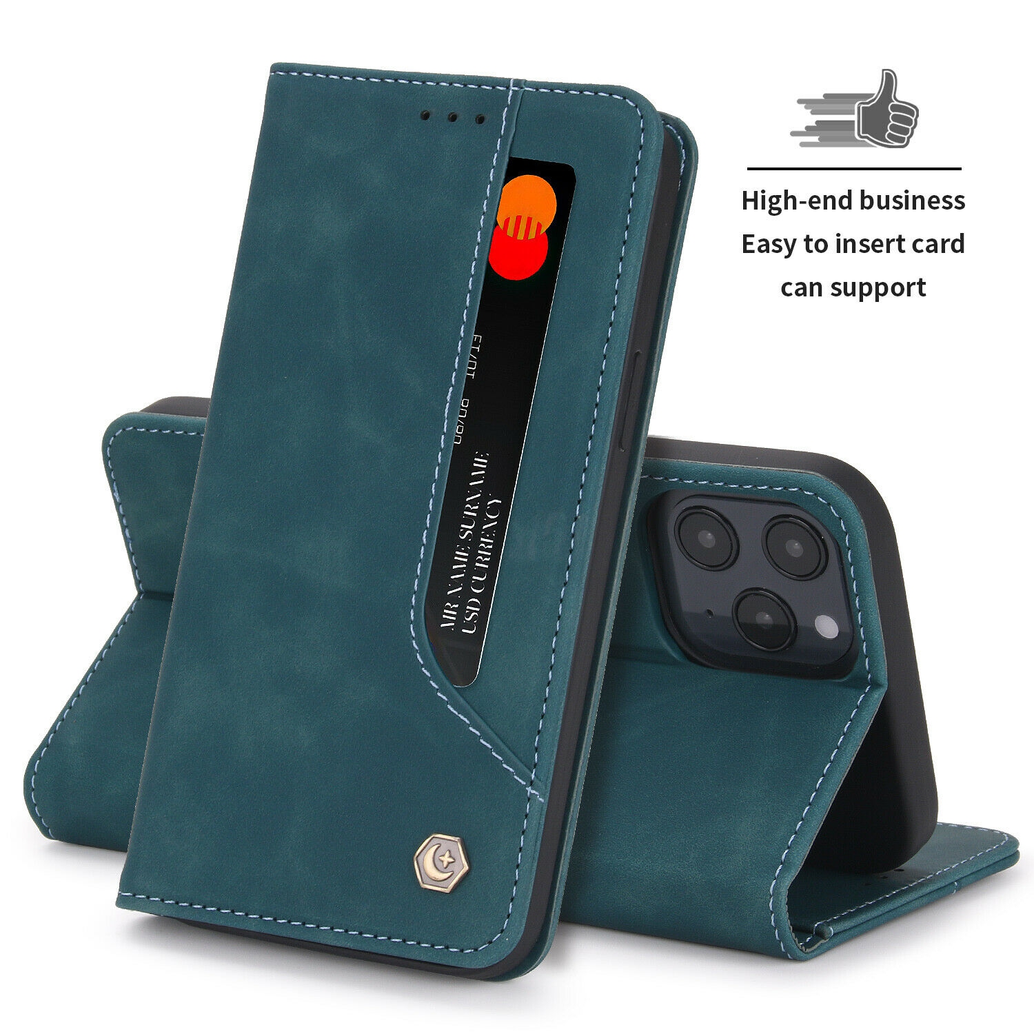 POLA Wallet Case Premium PU Flip Leather Kickstand with Card Holder Strong Magnetic Case Drop Protection Shockproof Cover Suitable for iPhone 13 -Blue