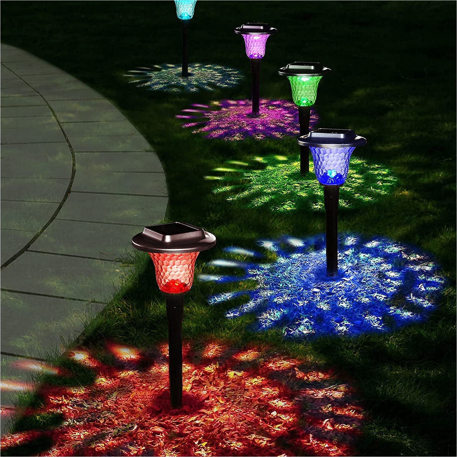Solar Lights Outdoor, Auto Changing Solar Pathway Colorful Bright Glass Garden Lights, Set of 6