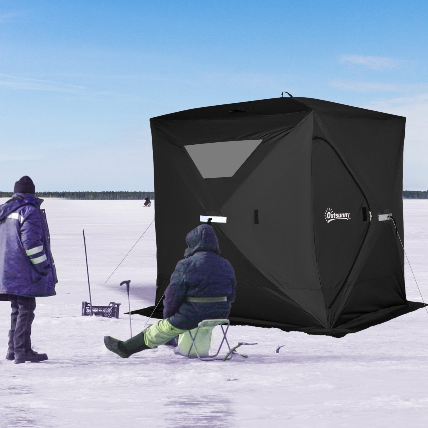 Outsunny 2-4 Person Pop-up Ice Fishing Tent Portable Ice Fishing Shelter  with Windproof Windows and Carrying Bag Hub Fish Shelter, Black