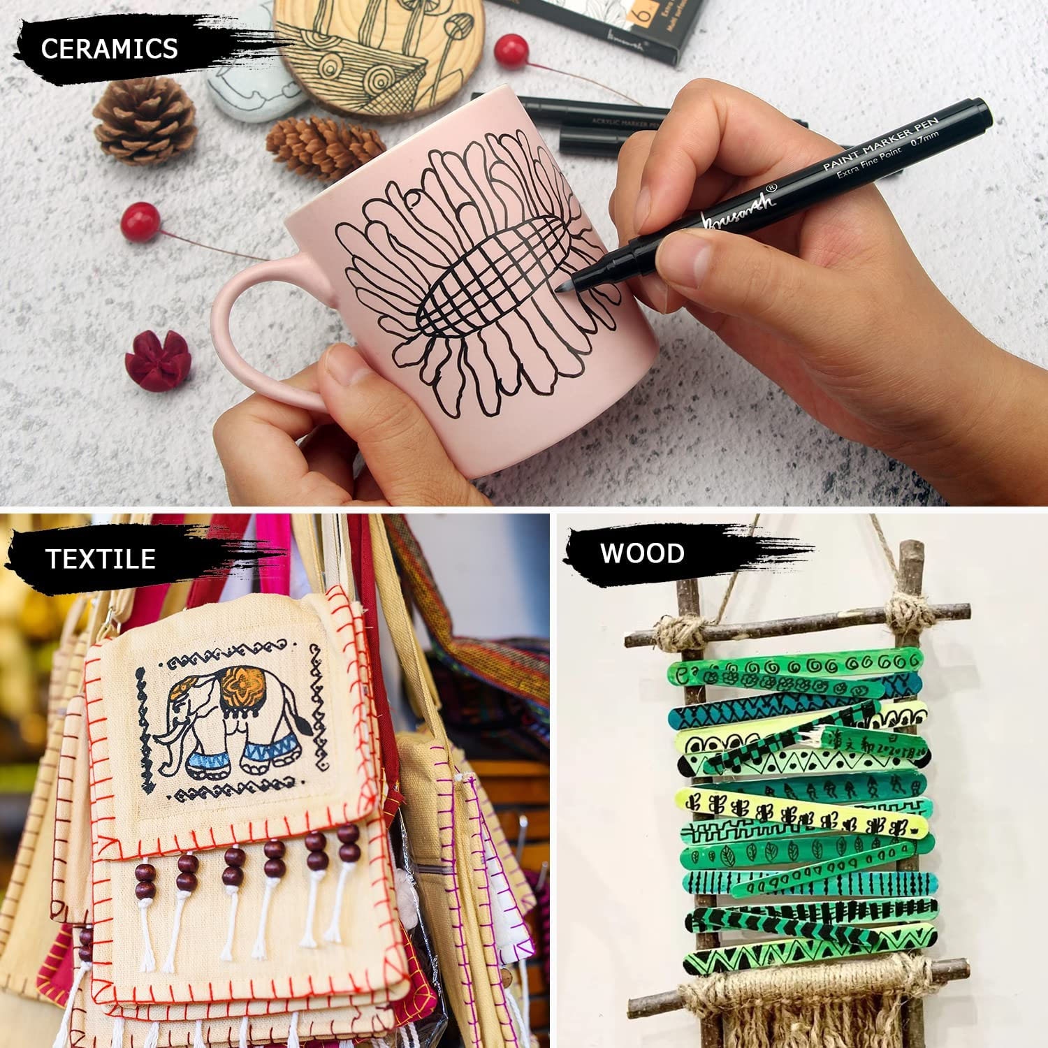 Black Permanent Marker Pens 5 Count Oil Based Marker Pen, Medium Tip, Waterproof & Quick Dry, for Office, Art projects, Rock Painting, Ceramic,