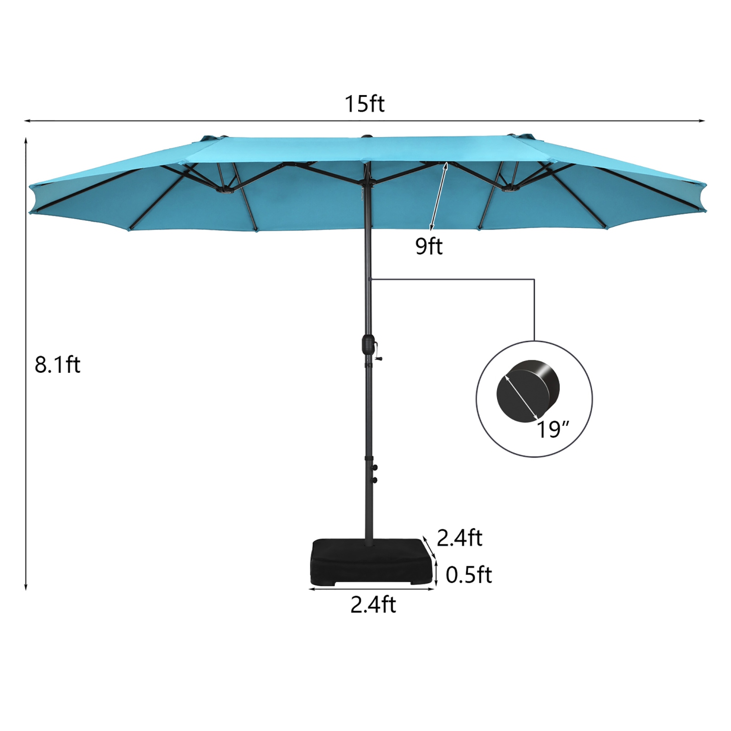 Costway 15FT Double-Sided Twin Patio Umbrella Sun Shade Outdoor Crank Market Base