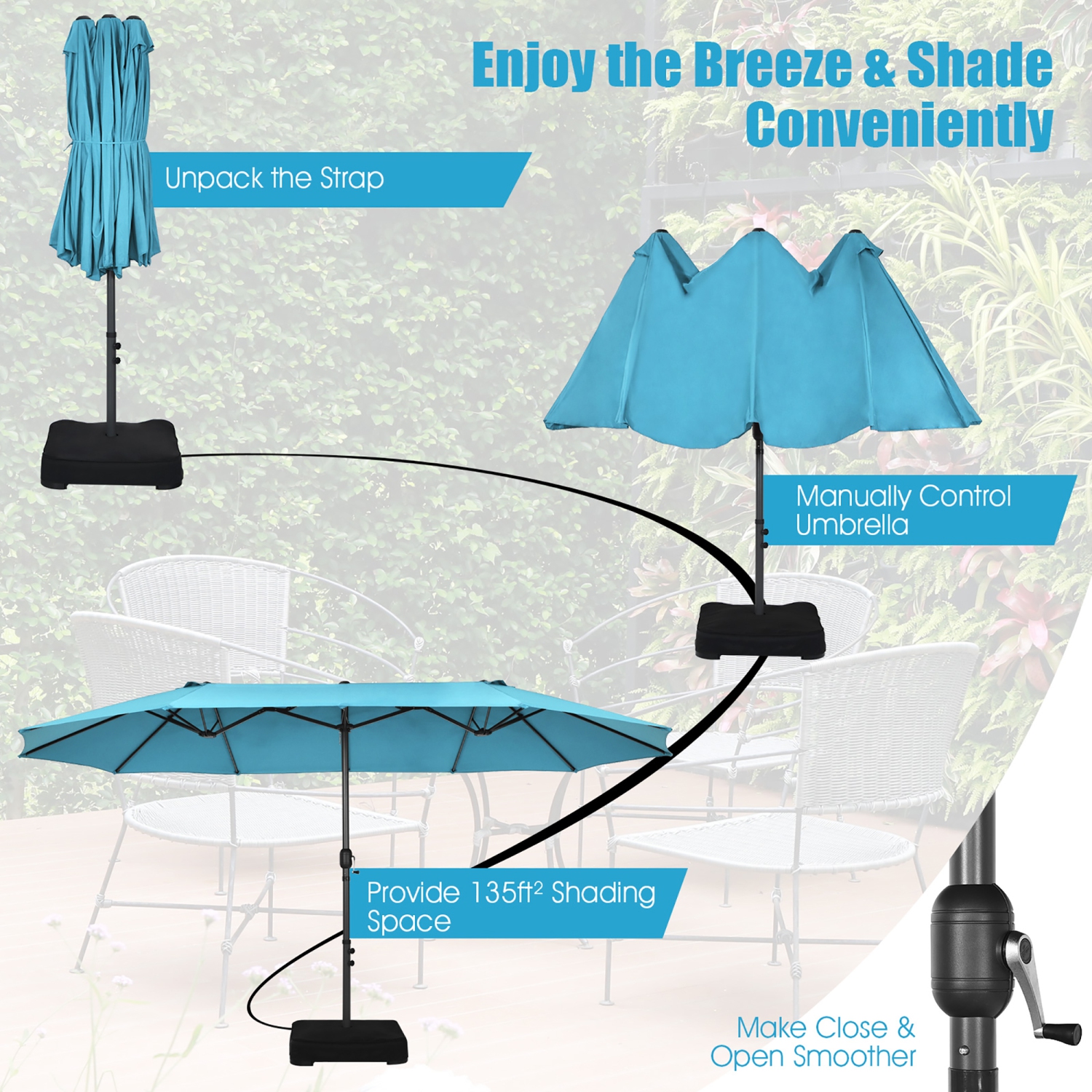Costway 15FT Double-Sided Twin Patio Umbrella Sun Shade Outdoor Crank Market Base