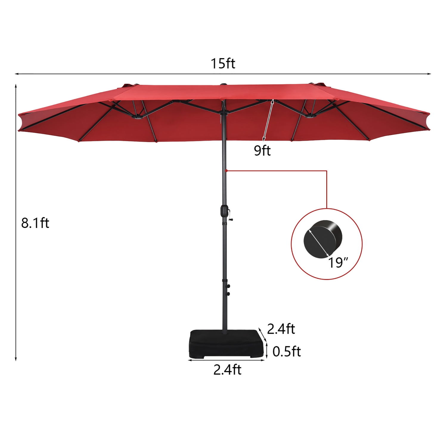 Costway 15FT Double-Sided Twin Patio Umbrella Sun Shade Outdoor Crank Market Base