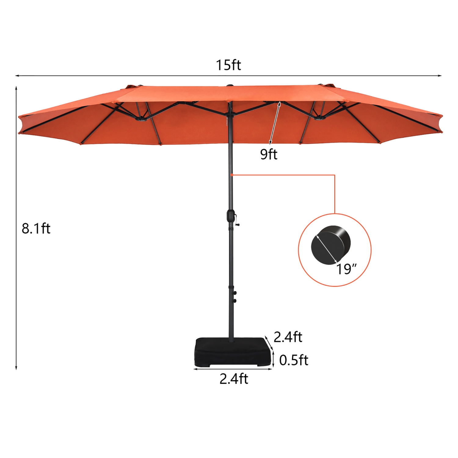 Costway 15FT Double-Sided Twin Patio Umbrella Sun Shade Outdoor Crank Market Base