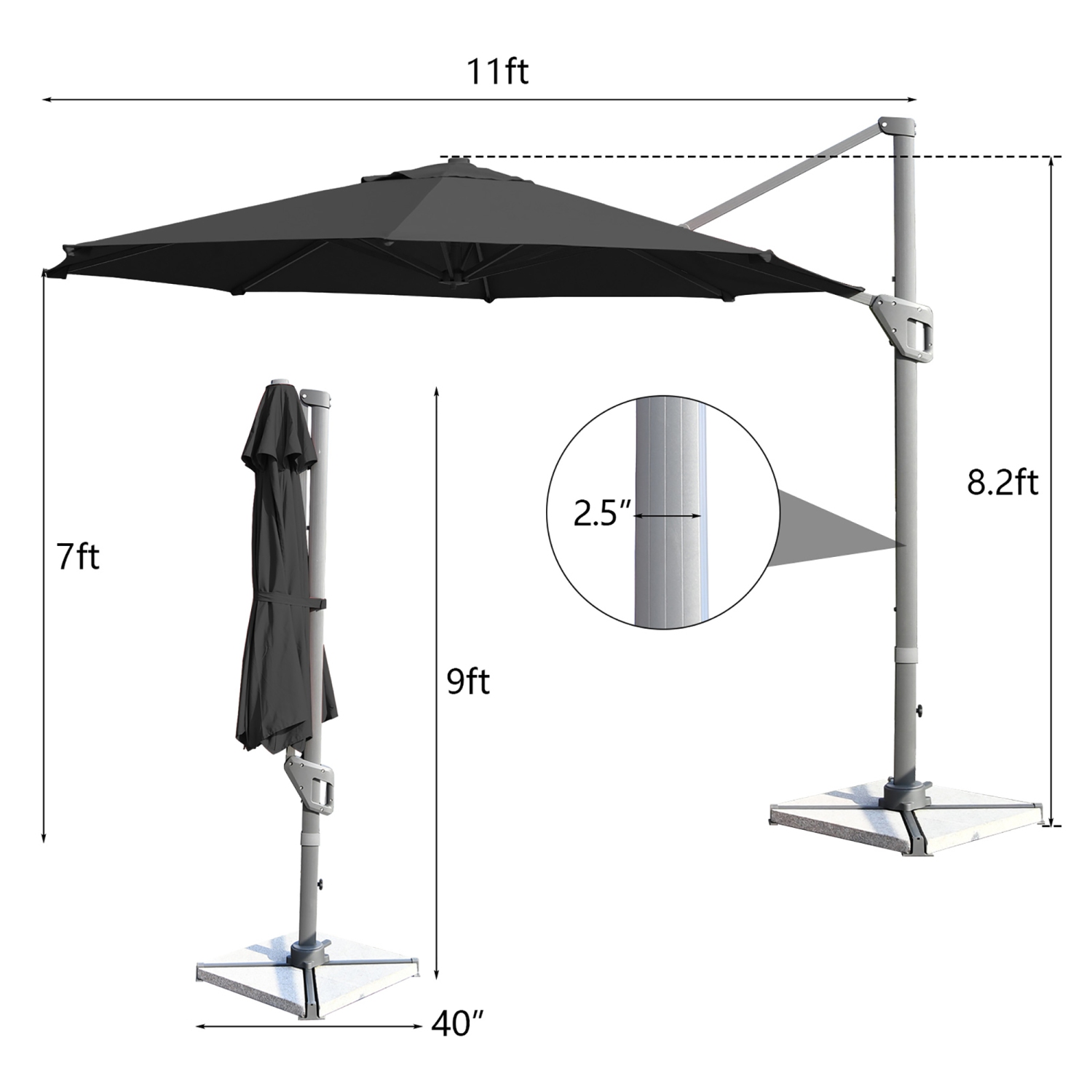 Parasol excentré à cantilever rotatif en aluminium 11&nbsp;pi de Costway avec base croisée inclinable