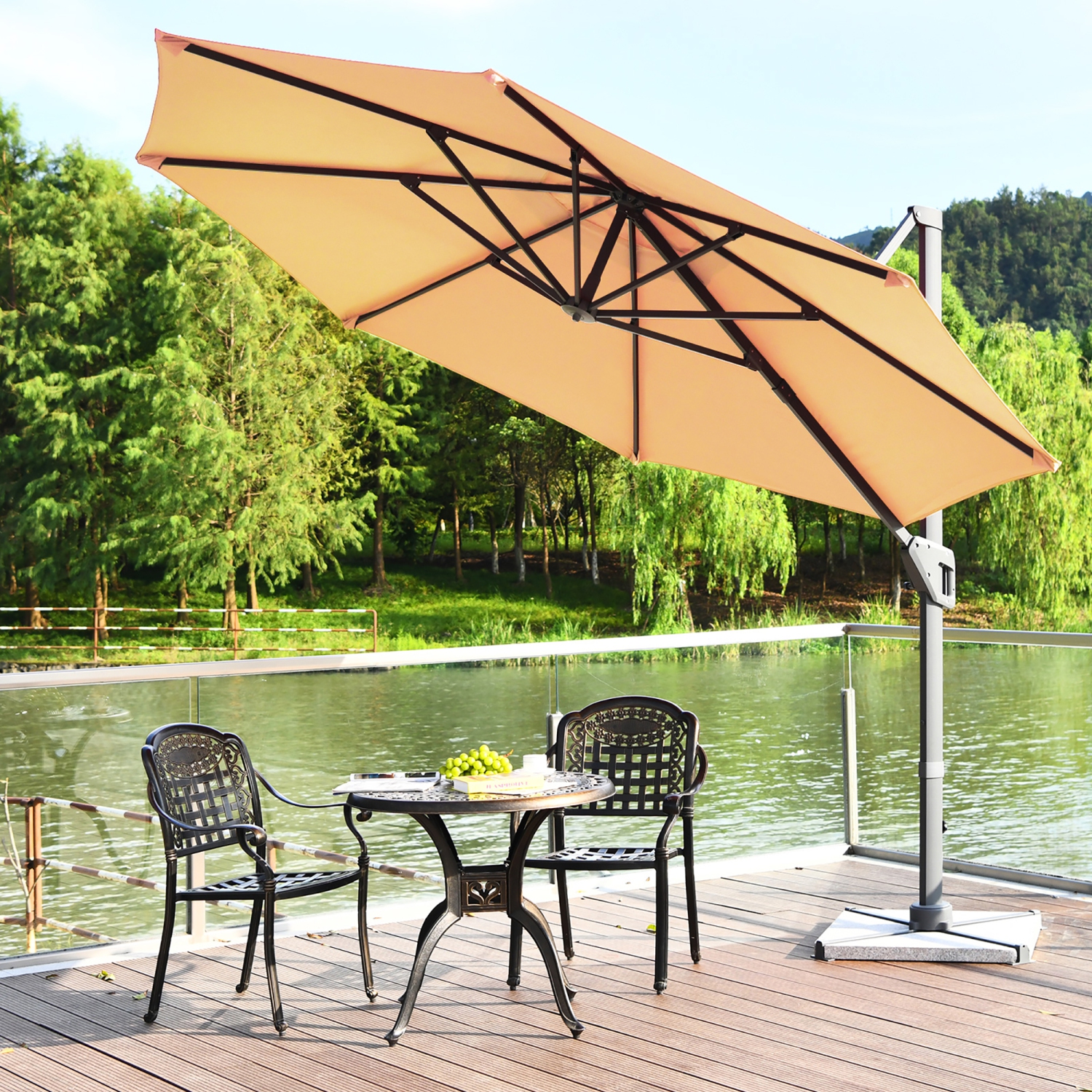 Costway 11ft Patio Offset Umbrella Cantilever Rotation Aluminum Tilt Cross Base