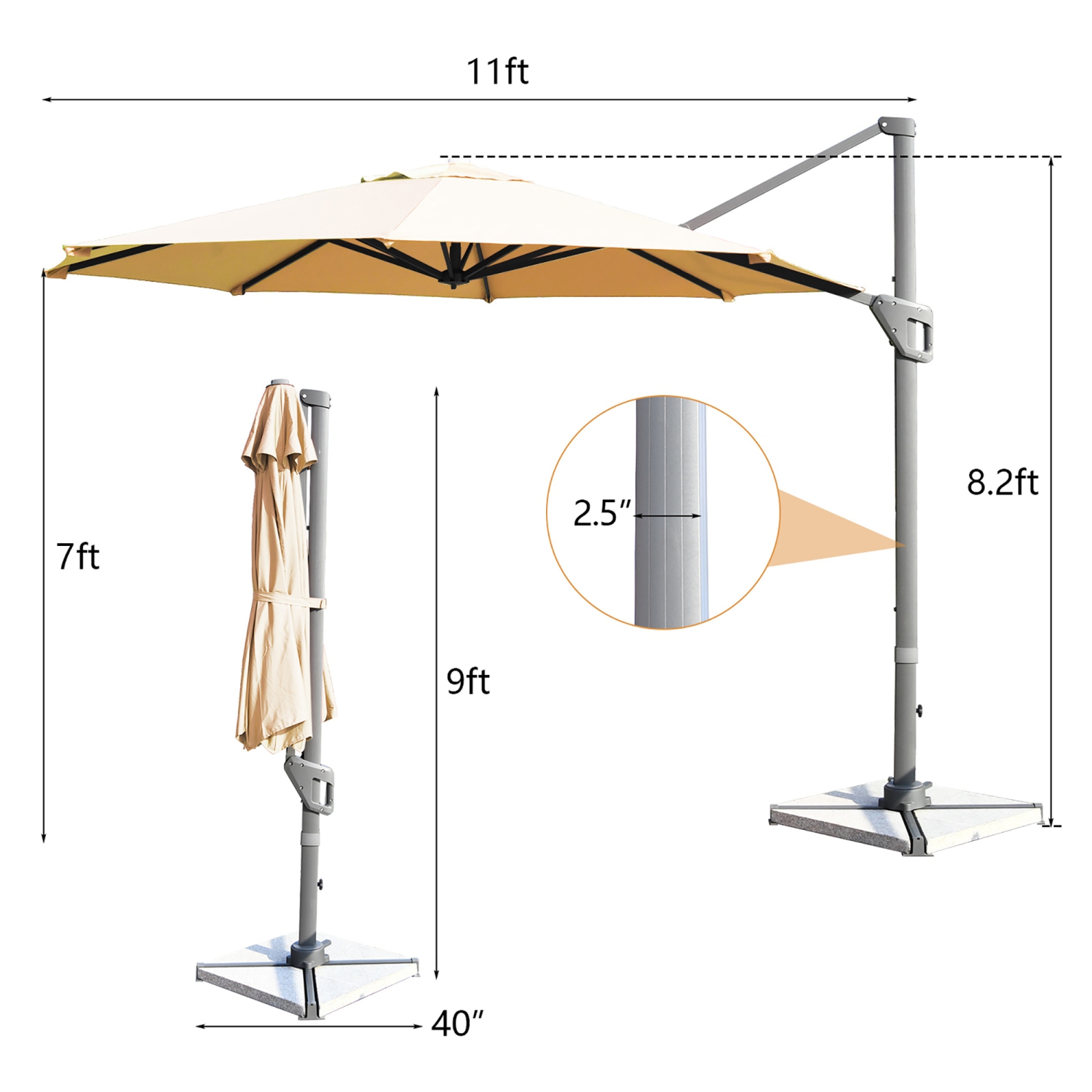 Costway 11ft Patio Offset Umbrella Cantilever Rotation Aluminum Tilt Cross Base