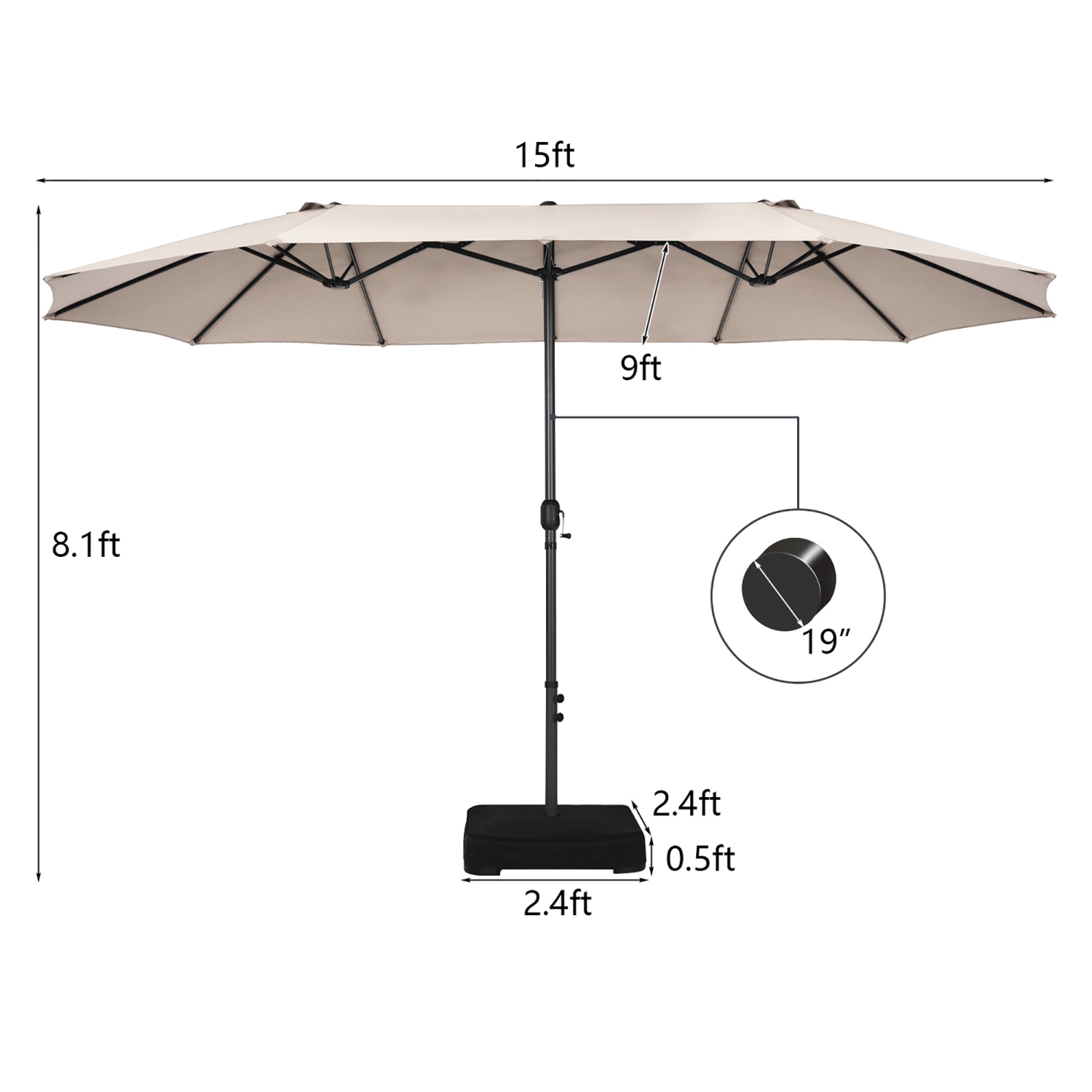 Base de patio d'extérieur à manivelle double face 15FT de Costway pour parasol