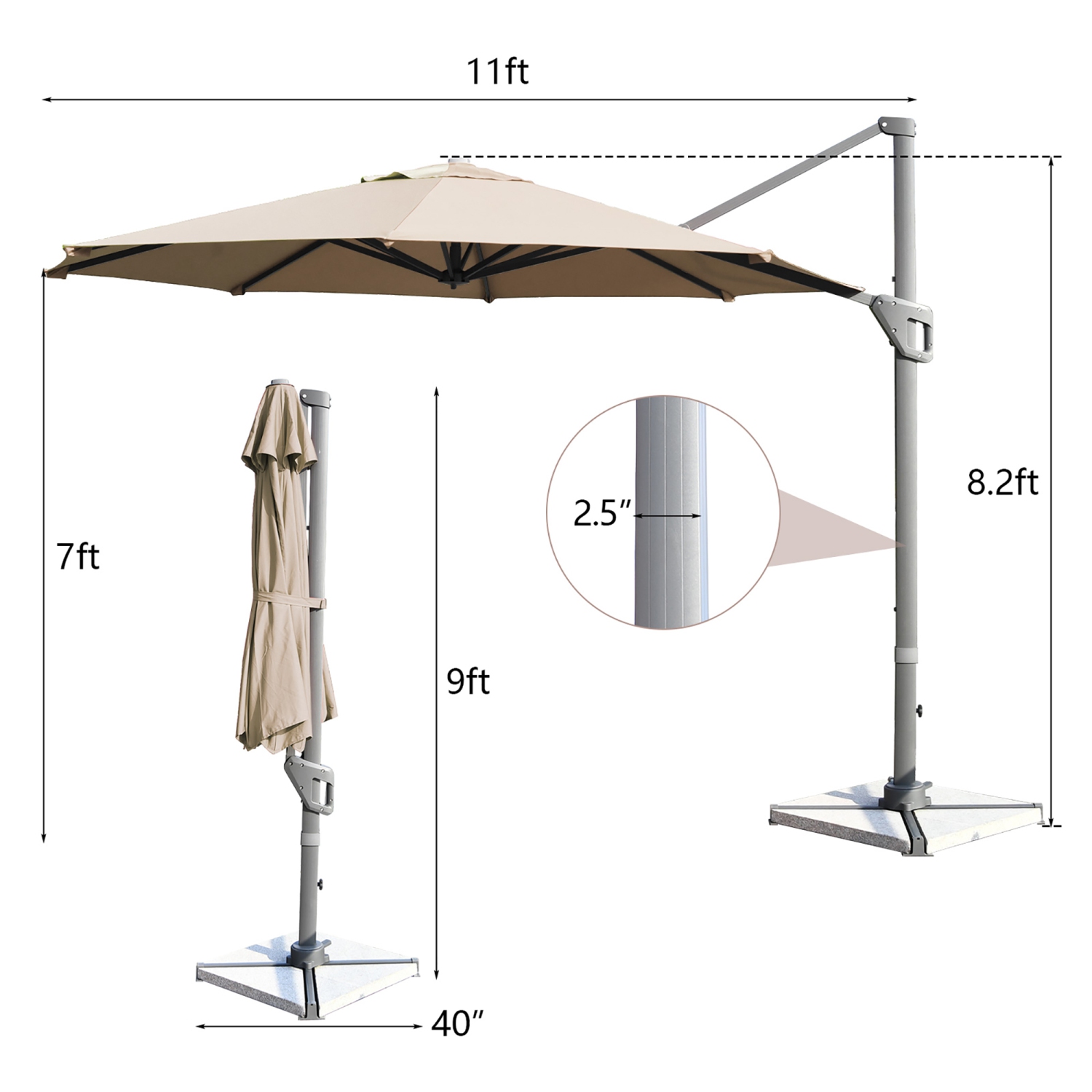 Costway 11ft Patio Offset Umbrella Cantilever Rotation Aluminum Tilt Cross Base