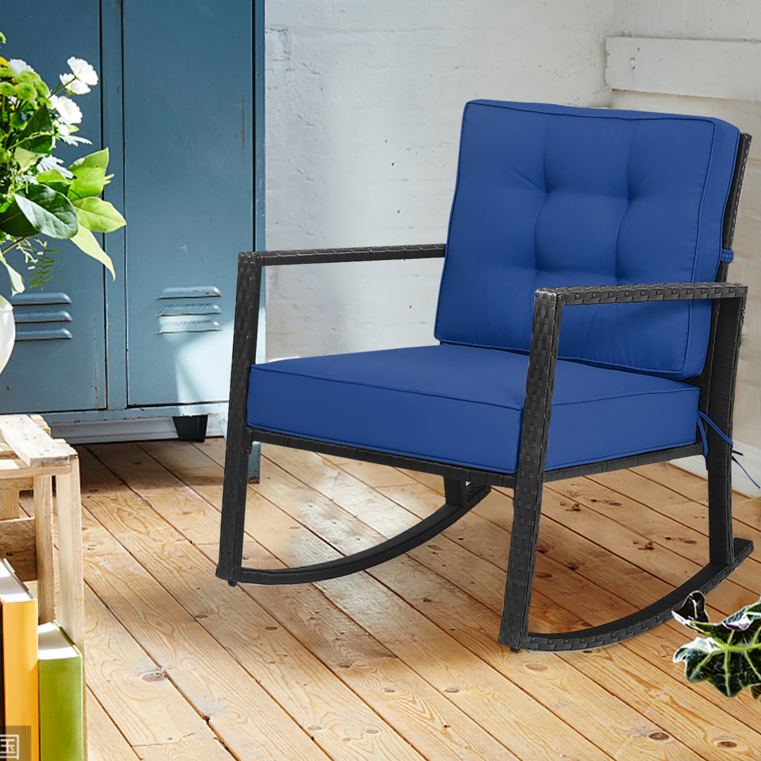 Costway Patio Rattan Rocker Chair Outdoor Glider Rocking Chair Cushion Lawn