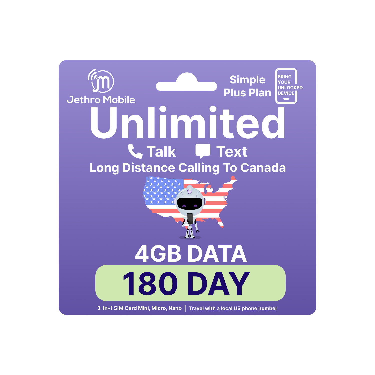No Contract Travel Plan Jethro Mobile USA Sim Card 30 Days 2GB Instant or Pre-Activate Unlimited Talk 5G/4G LTE Data Text in US & to Canada 