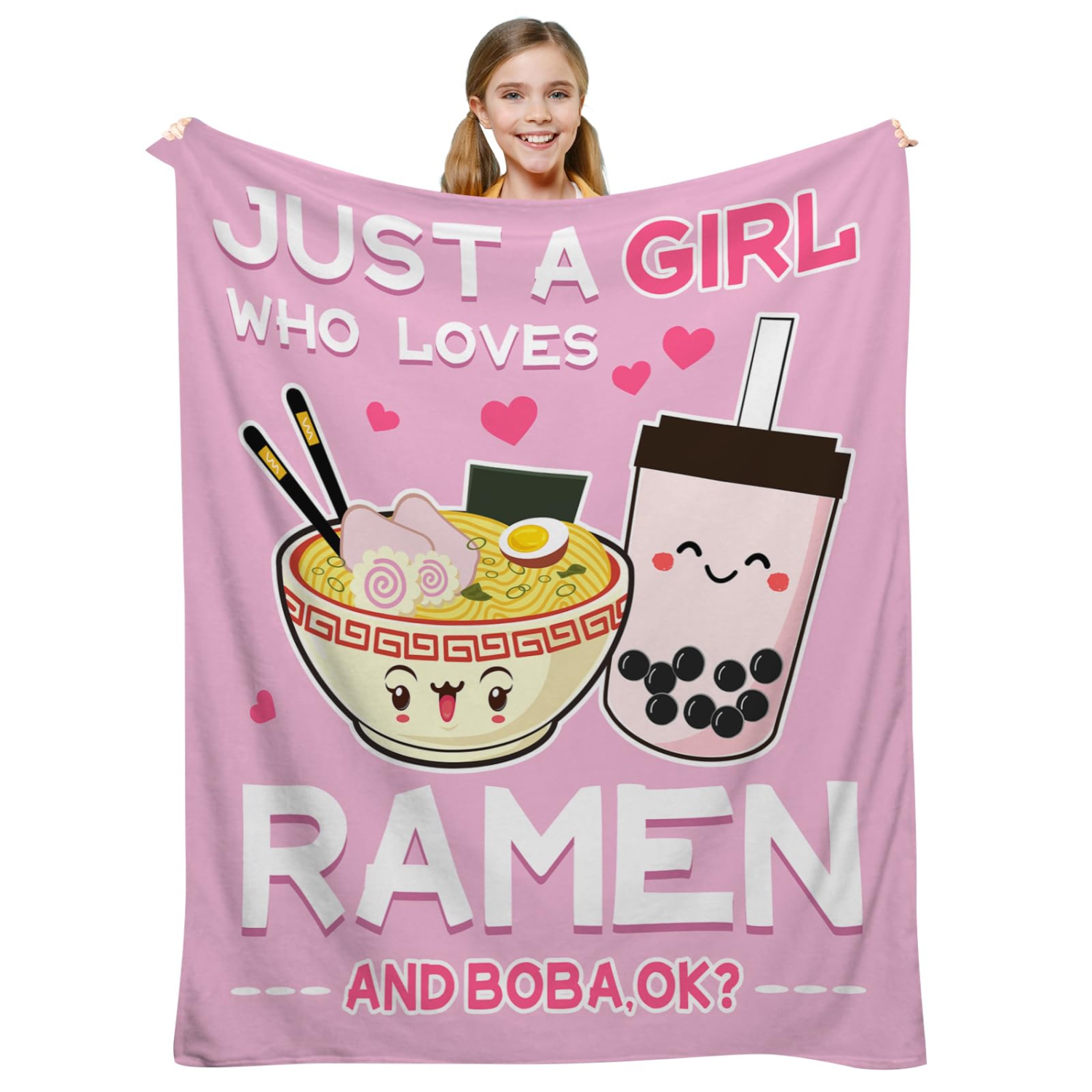 Kawaii Ramen and Boba Blanket - Cute Anime Gift for Girls and Teens, Funny Room Decor - Pink, 50"X40"