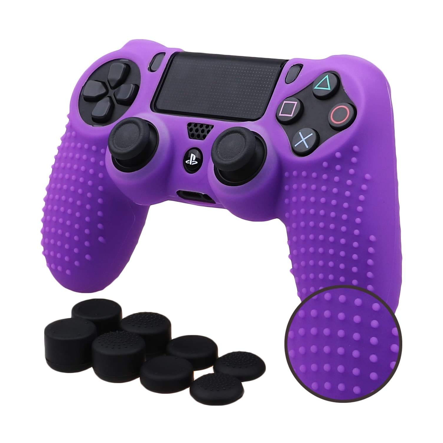 YoRHa Studded Silicone Cover Skin Case for Sony PS4/slim/Pro Dualshock 4 controller x 1(purple) With Pro thumb grips x 8