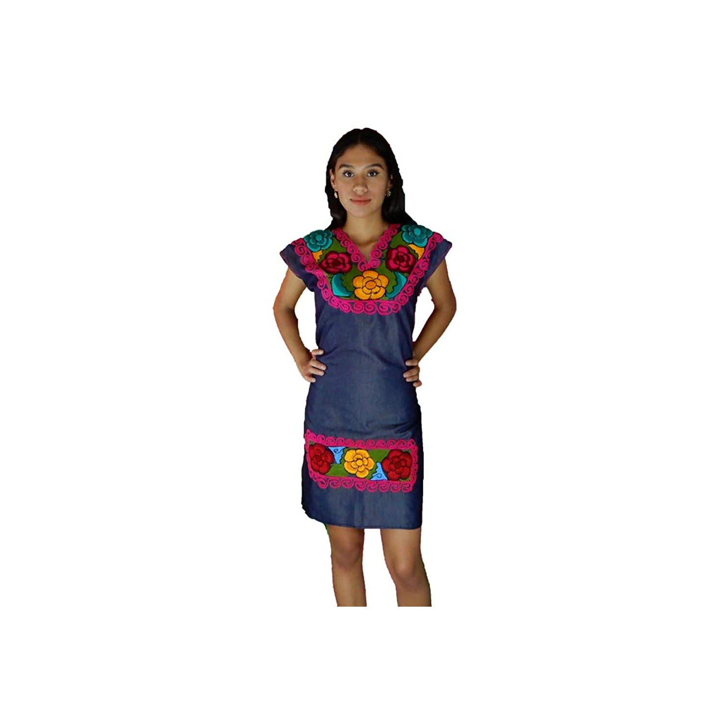Mexican Womans Dress Jean Size Small -Medium Tunic Mexican Hobo Hippie Flower*** SIZE = xlarge