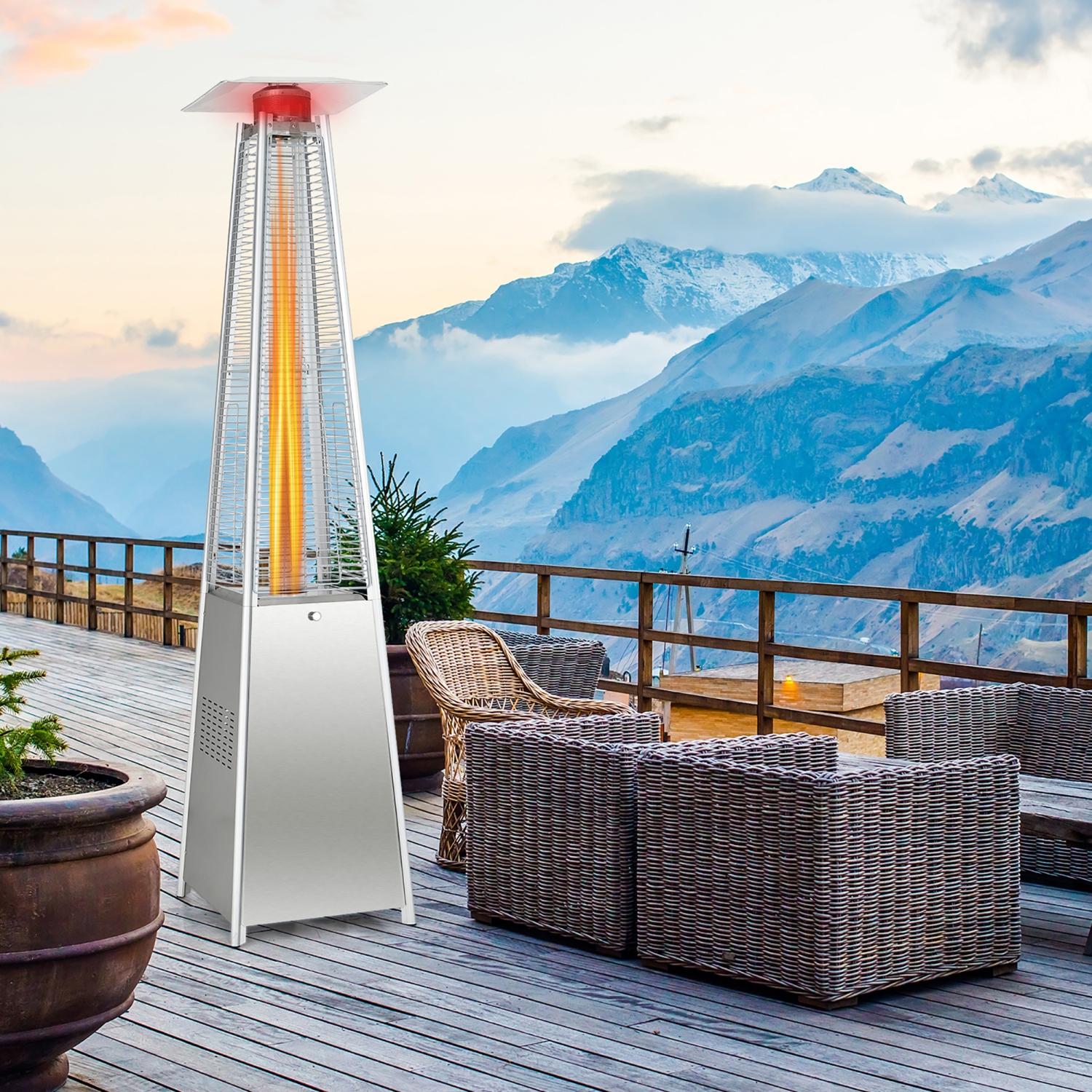 Costway 90" Tall Pyramid Patio Heater Quartz Glass Tube Flame Heating 42000 BTU W/ Wheel