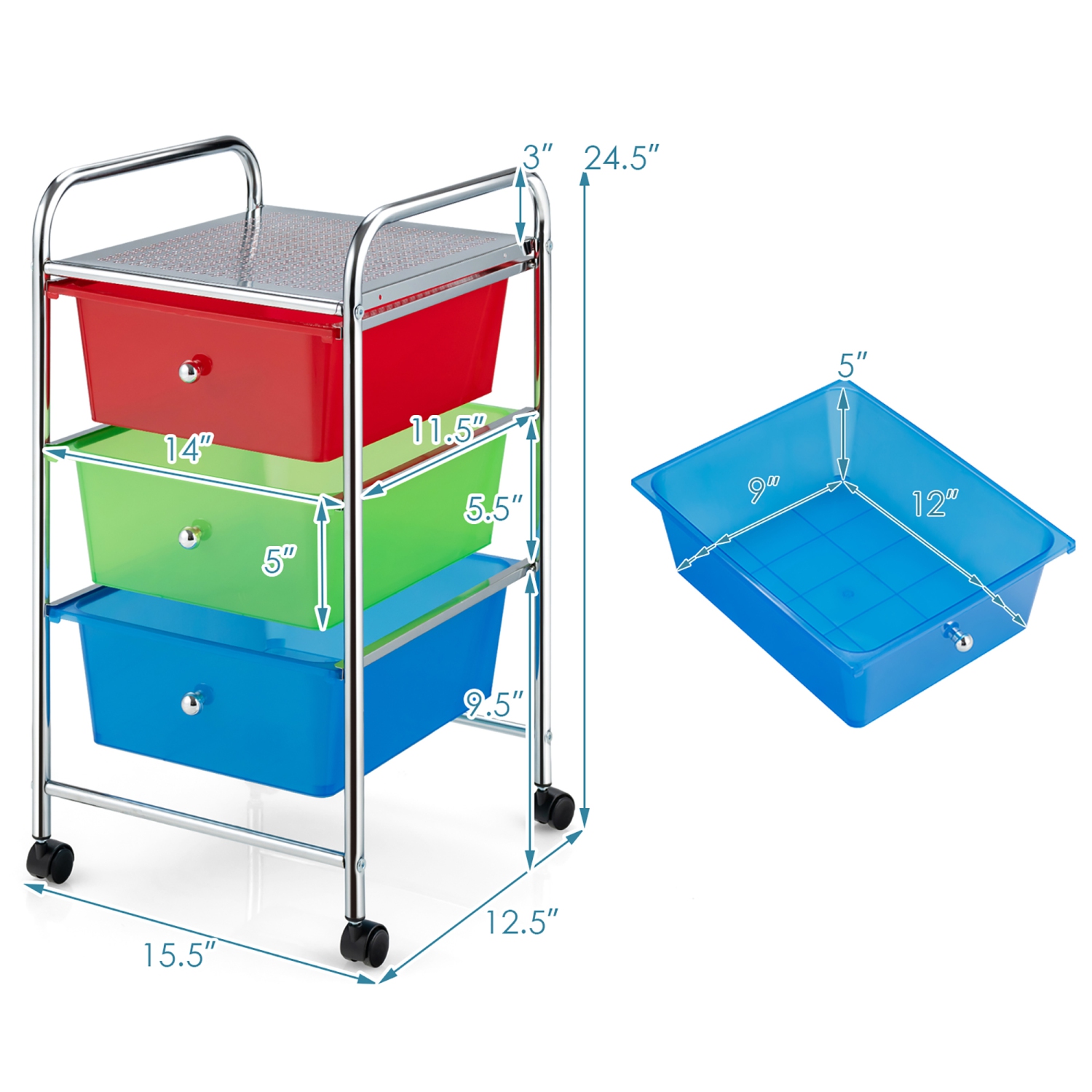 Costway 3-Drawer Cart Storage Bin Organizer Rolling w/Plastic Drawers