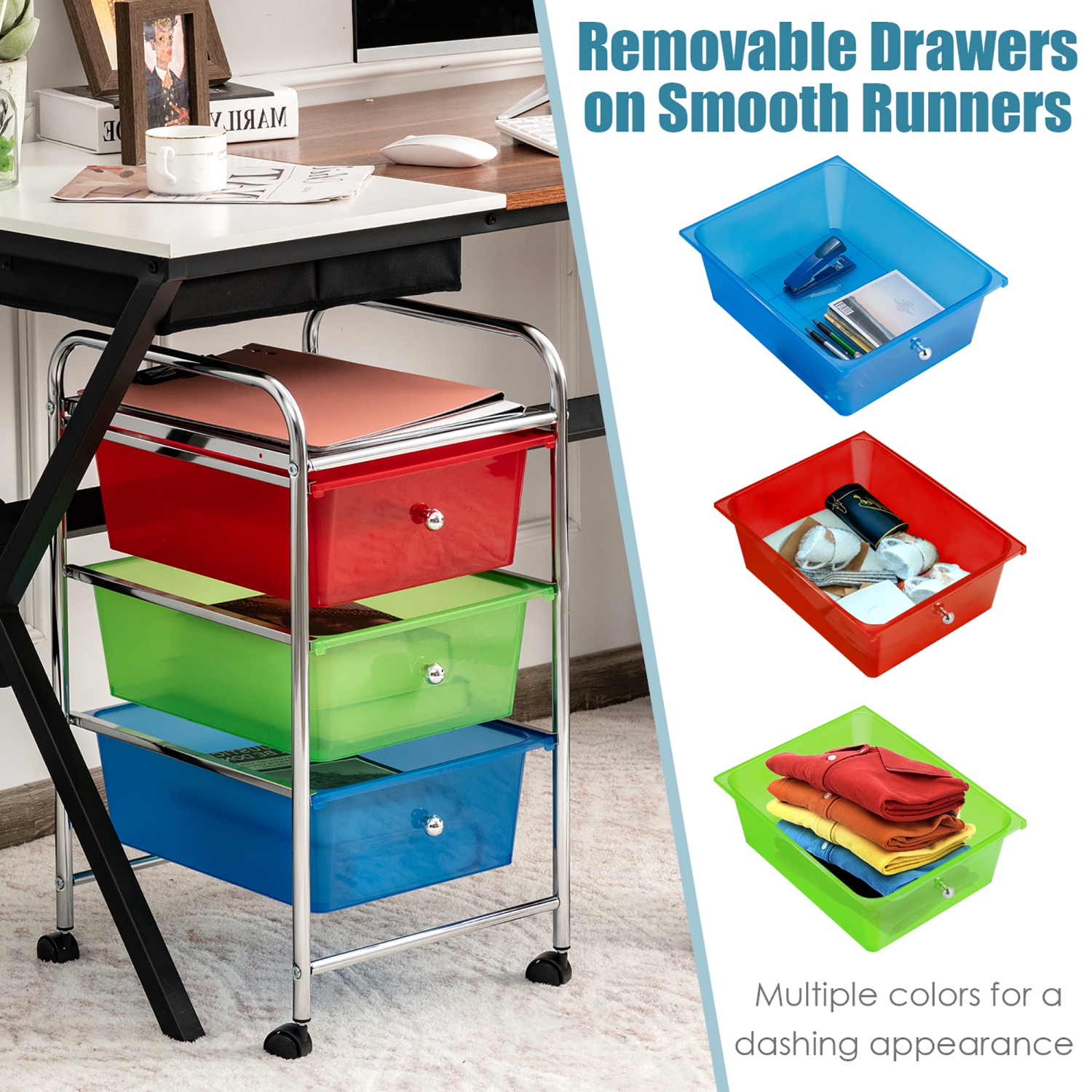 Costway 3-Drawer Cart Storage Bin Organizer Rolling w/Plastic Drawers