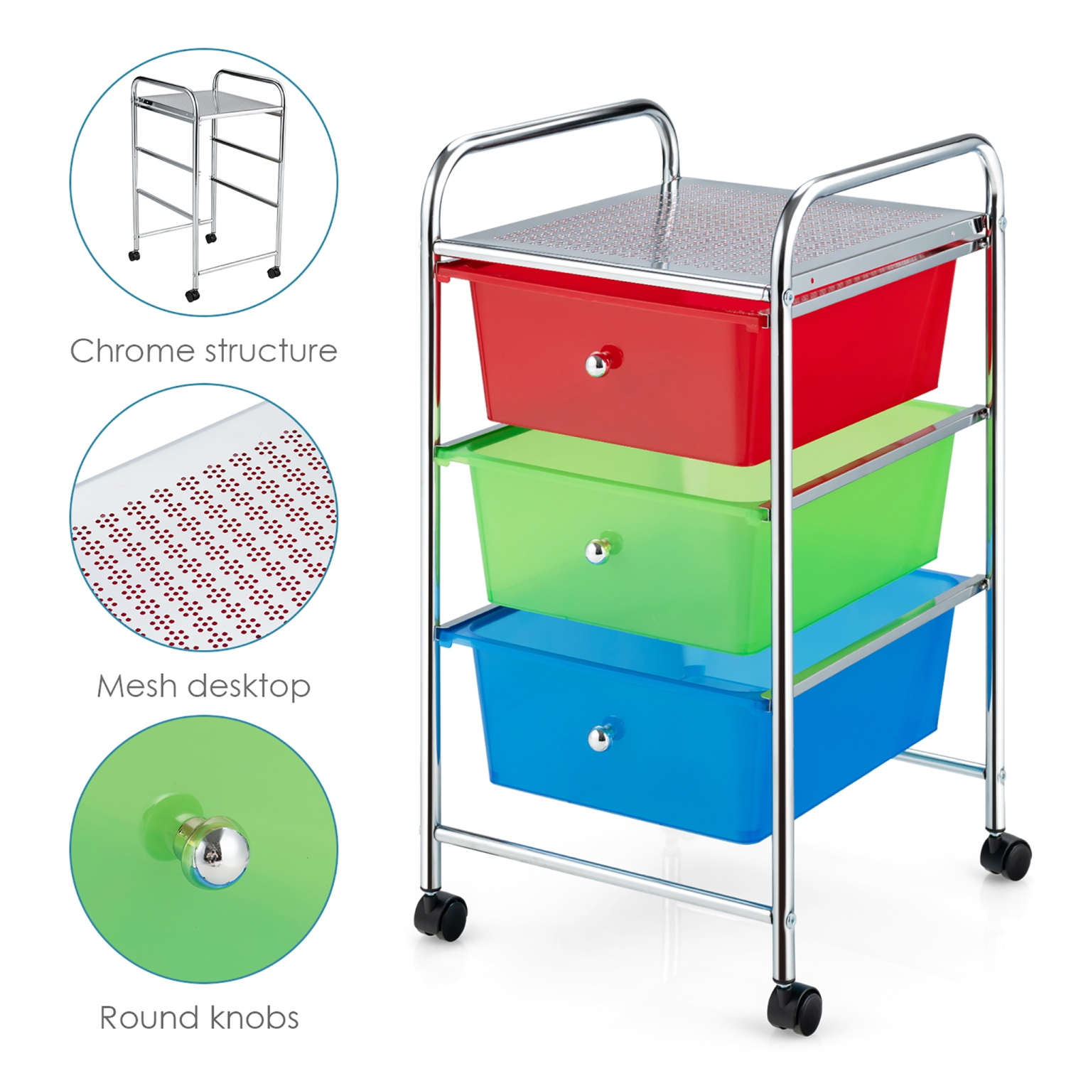 Costway 3-Drawer Cart Storage Bin Organizer Rolling w/Plastic Drawers
