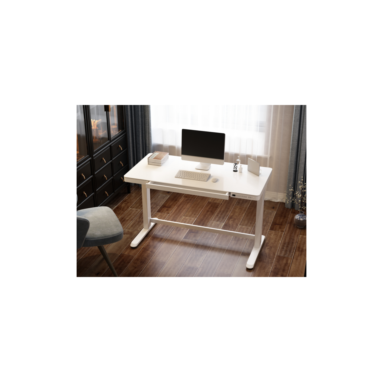 48 x 24 inch Height Adjustable Anti-Collision Function Electric Standing Desk with Drawer, Sit Stand Desk with Glass Tabletop, USB Charge Ports and