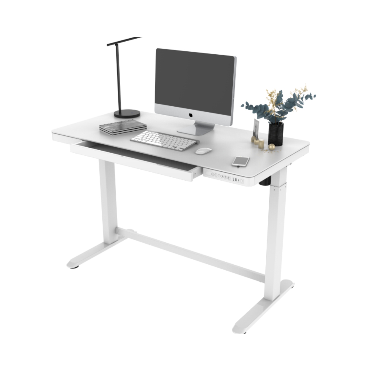 Height Adjustable Electric Standing Desk, 48 Inch All-in-One Sit Stand Desk Workstation with Drawer, USB Charging Port and Glass Tabletop (White)
