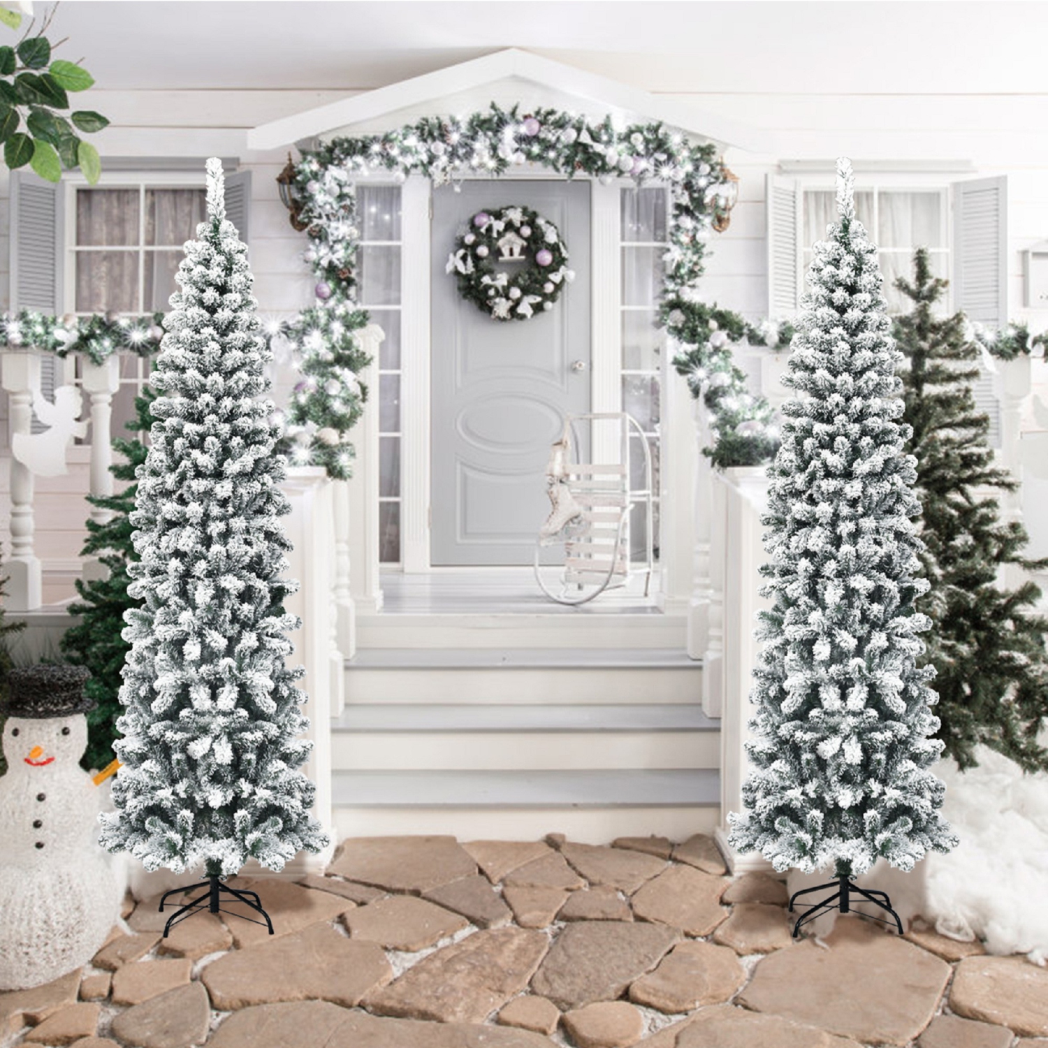 Costway 7.5Ft Unlit Hinged Snow Flocked Artificial Pencil Christmas Tree w/ 641 Tips