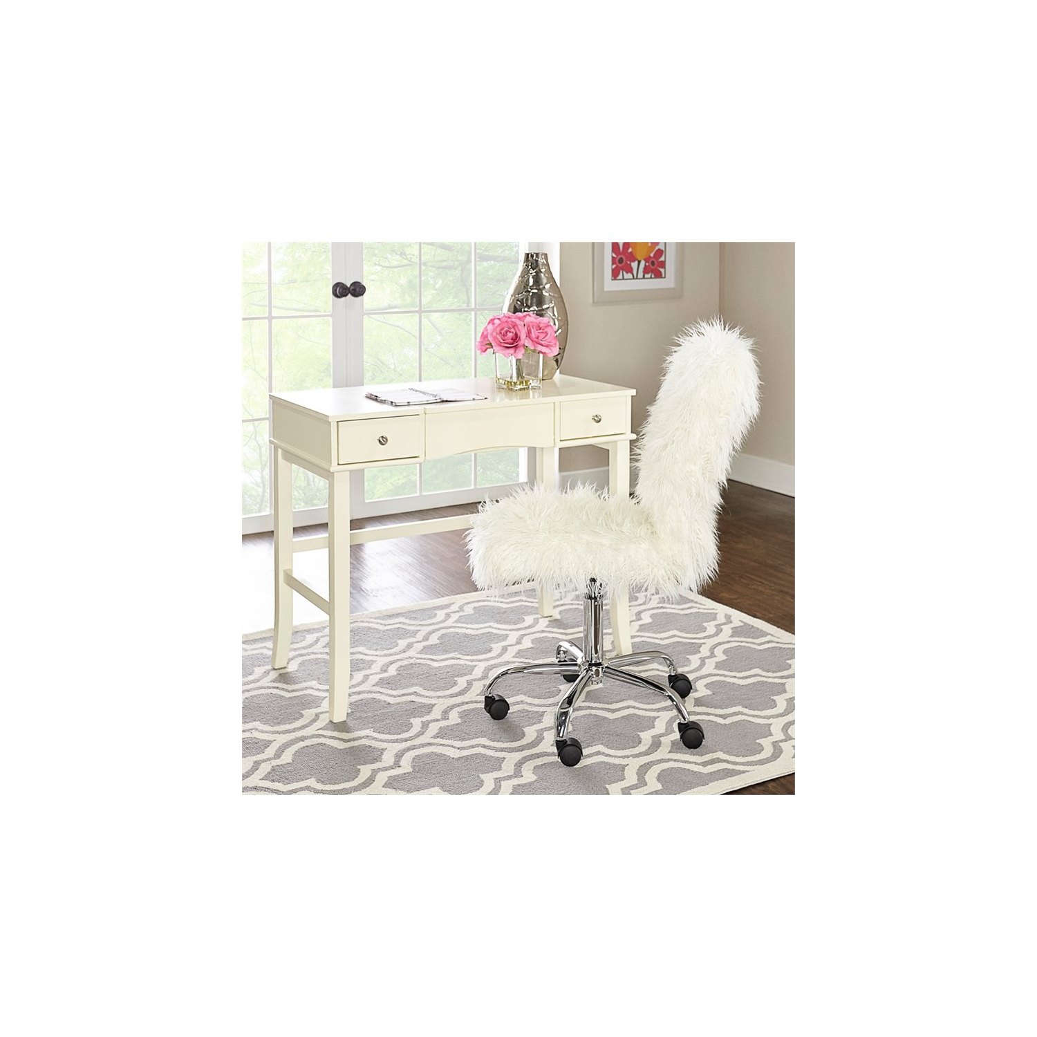 Riverbay Furniture Faux Fur Swivel Office Chair in White and Chrome