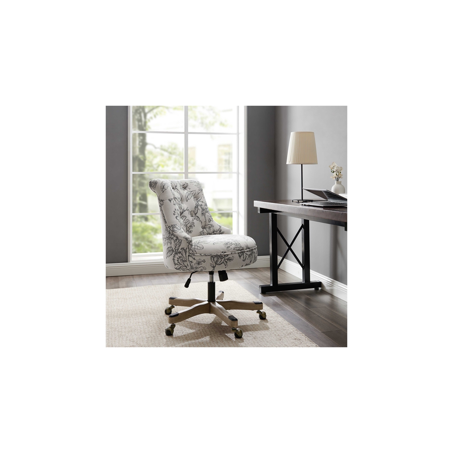 Linon Sinclair Wood Upholstered Office Chair in Floral Gray