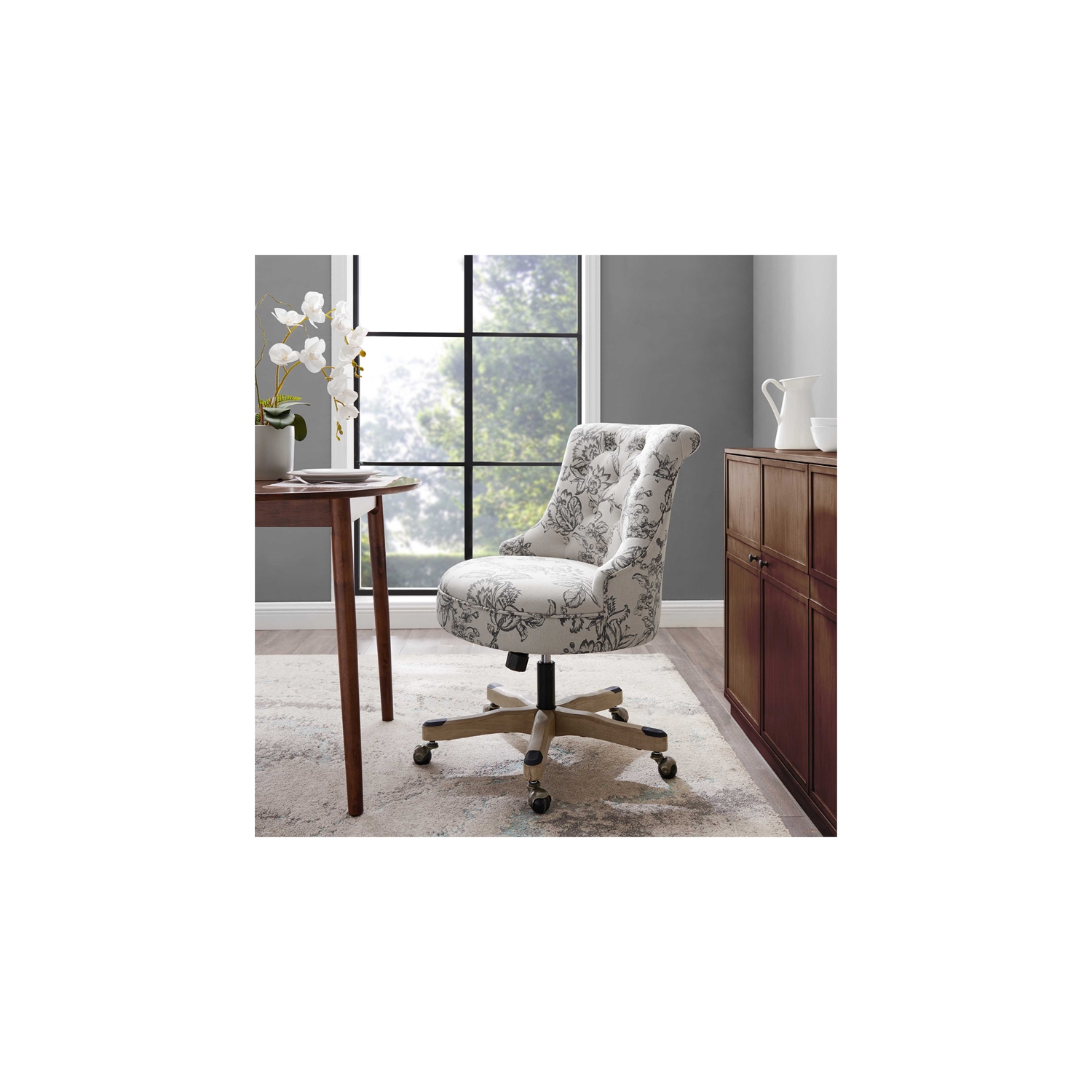 Linon Sinclair Wood Upholstered Office Chair in Floral Gray
