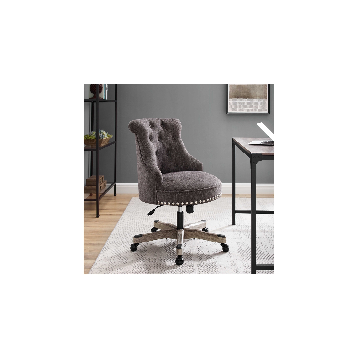 Linon Sinclair Wood Upholstered Swivel Office Chair in Charcoal Gray