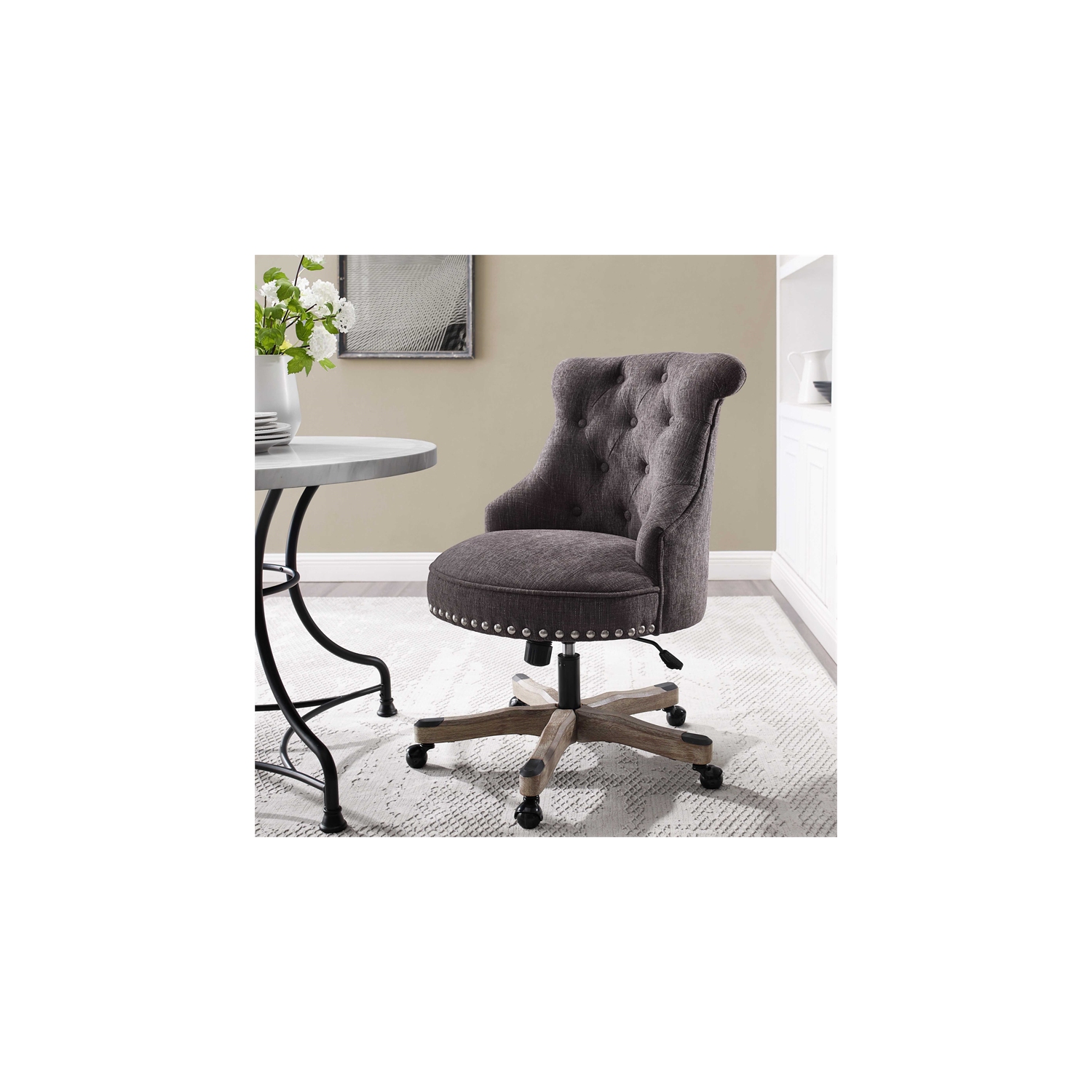 Linon Sinclair Wood Upholstered Swivel Office Chair in Charcoal Gray