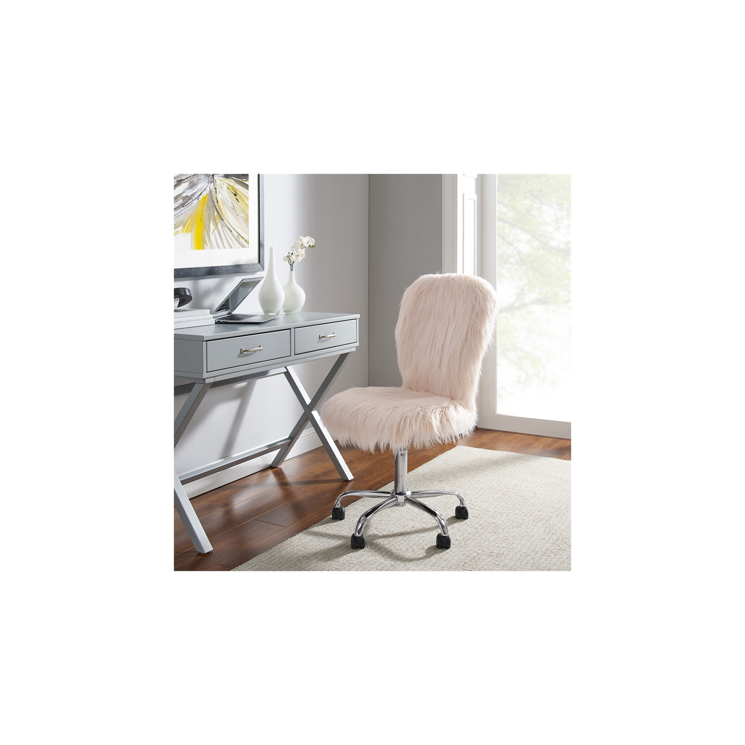 Riverbay Furniture Faux Fur Upholstered Armless Office Chair in Blush Pink