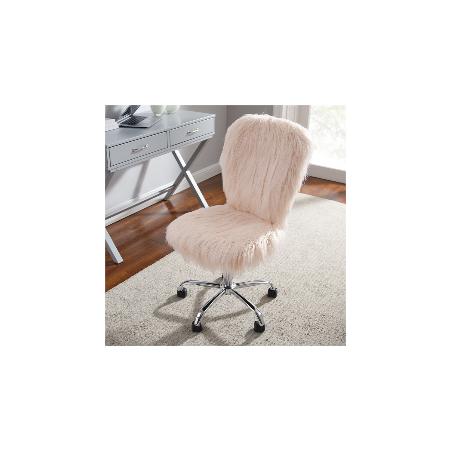 Riverbay Furniture Faux Fur Upholstered Armless Office Chair in Blush Pink