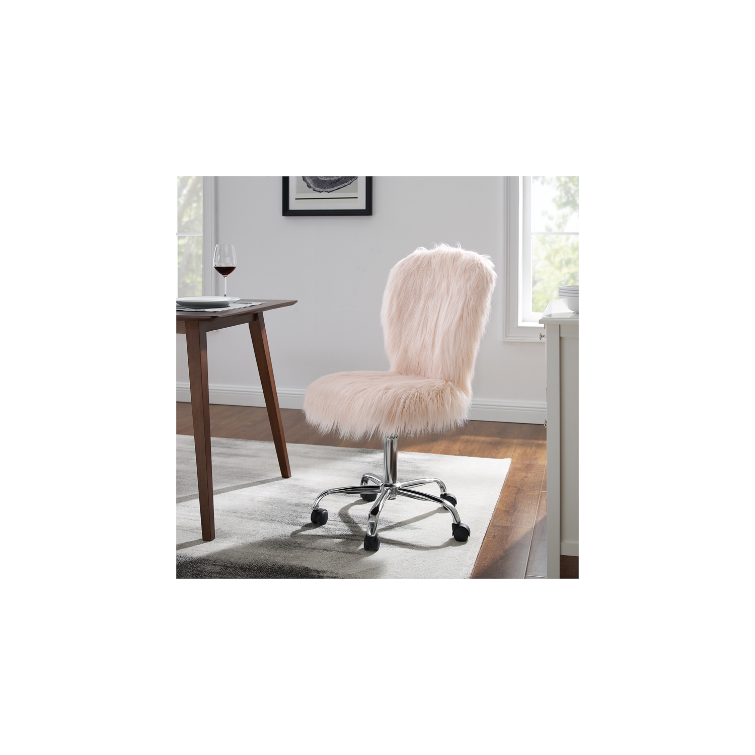Riverbay Furniture Faux Fur Upholstered Armless Office Chair in Blush Pink