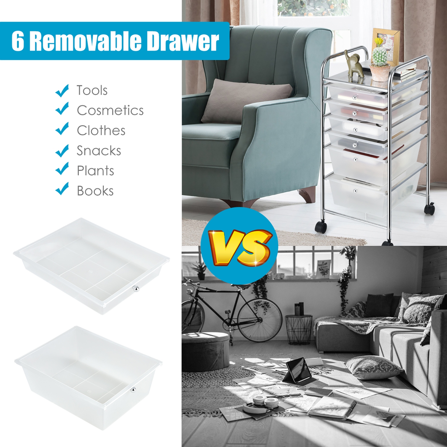 Chariot de rangement à roulettes à 6 tiroirs de Costway pour album de bureau