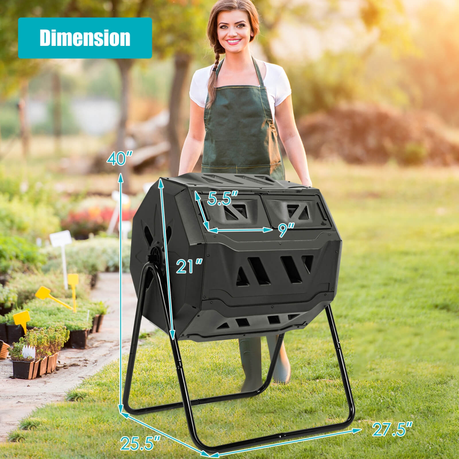 Costway Tumbling Composter 40 Gallon Garden Rotating Compost Bin with Dual Chamber Black/Green