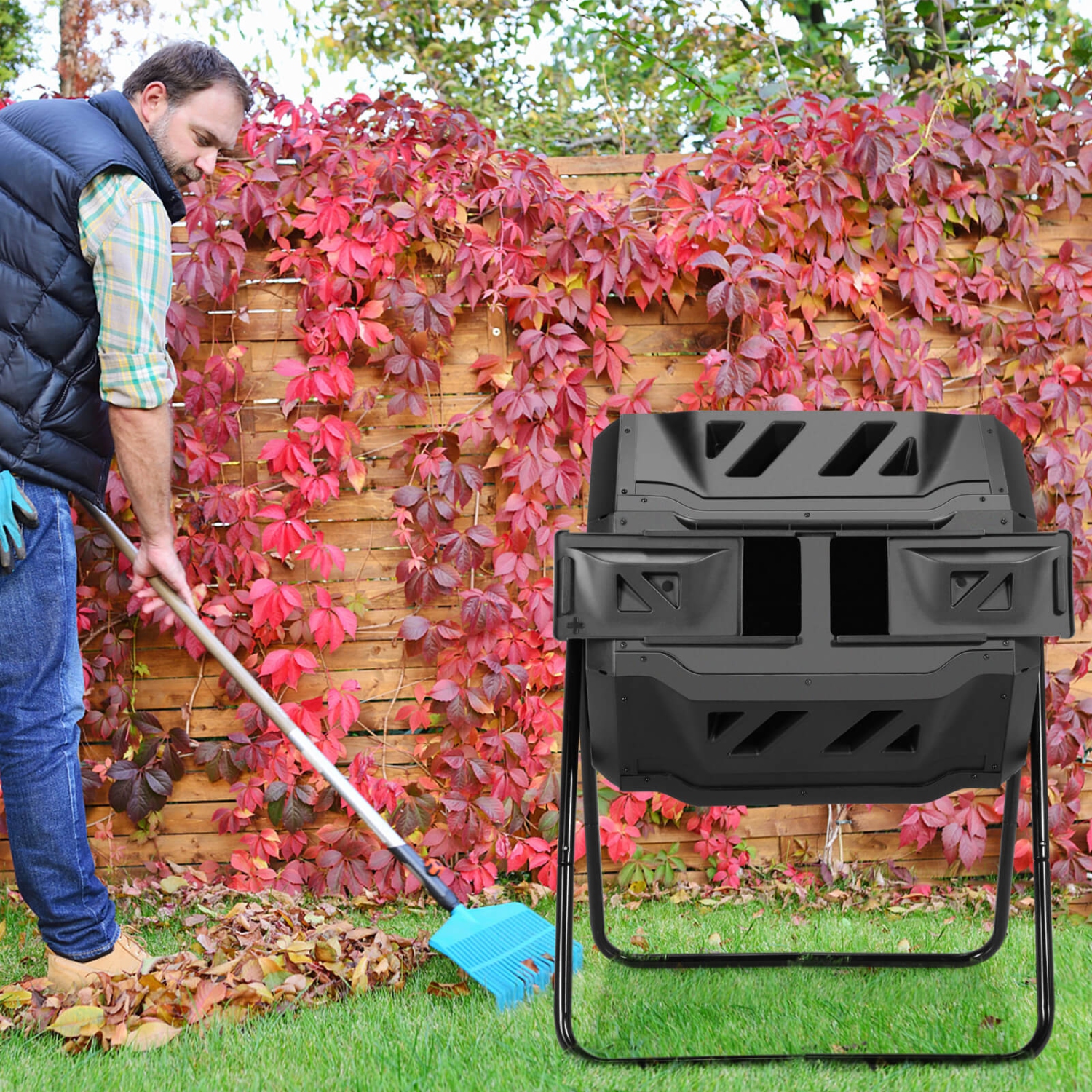 Costway Tumbling Composter 40 Gallon Garden Rotating Compost Bin with Dual Chamber Black/Green