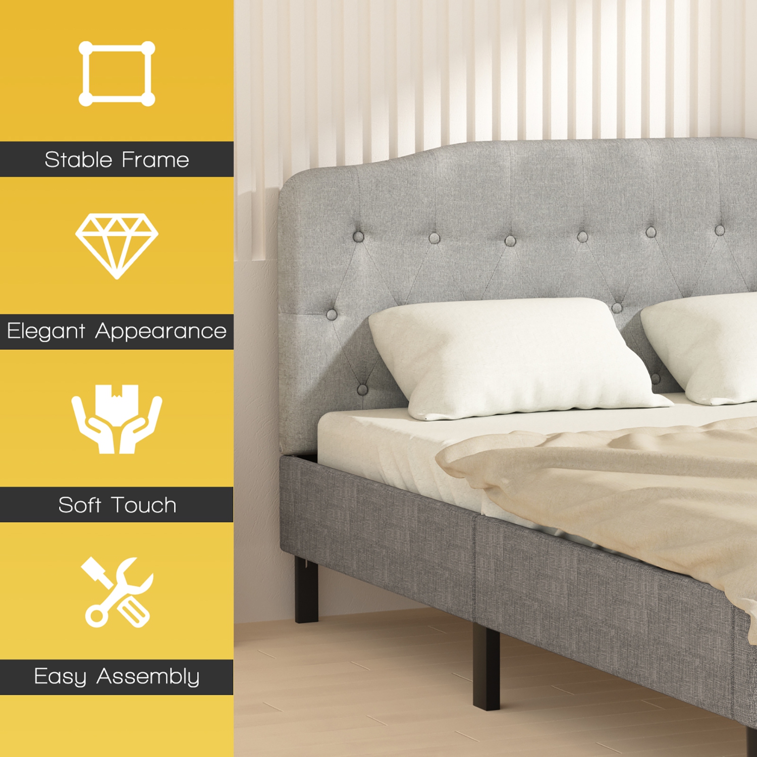 Costway Queen Upholstered Headboard Adjust Button Tufted Faux Linen