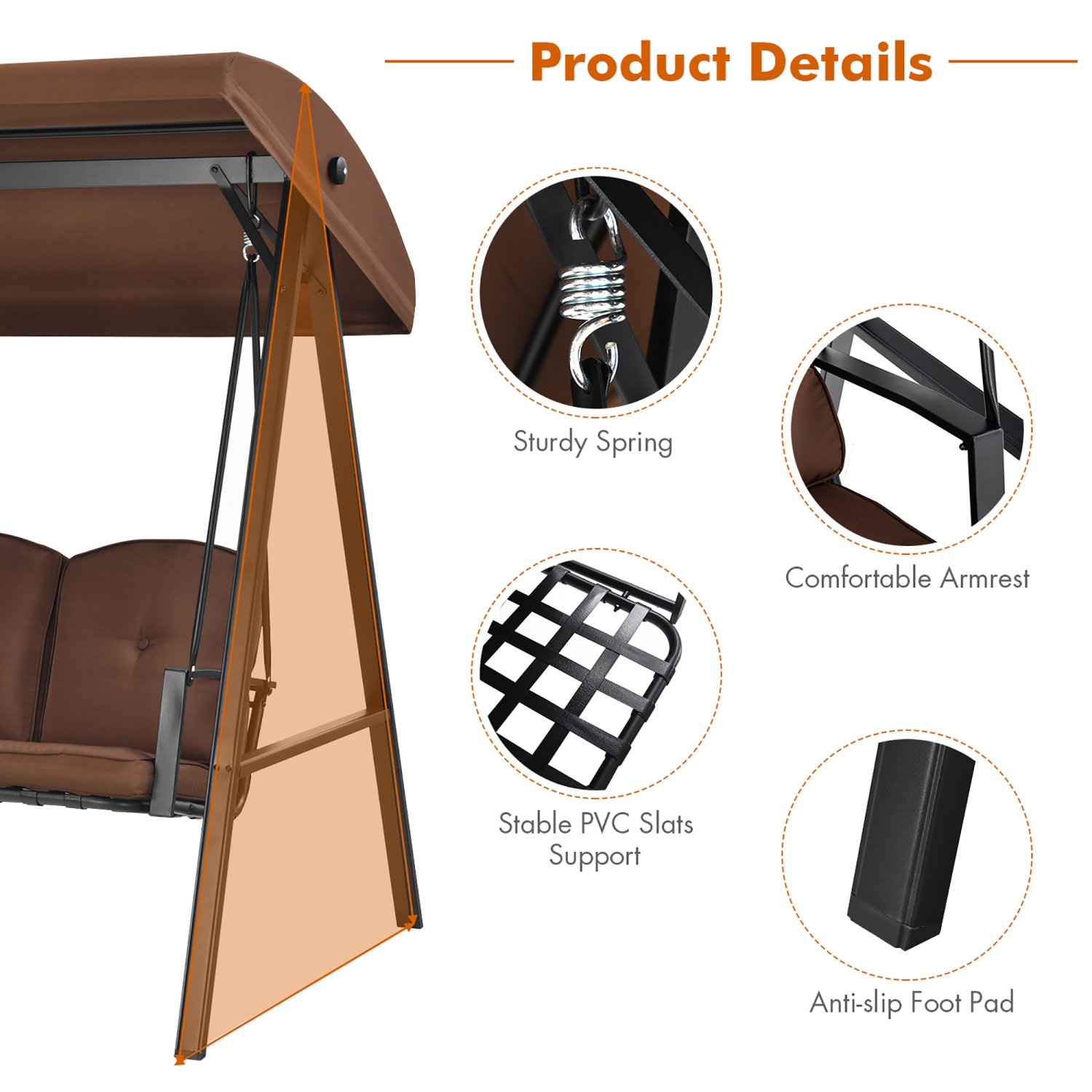 Costway Outdoor 3-Seat Porch Swing with Adjust Canopy and Cushions Brown