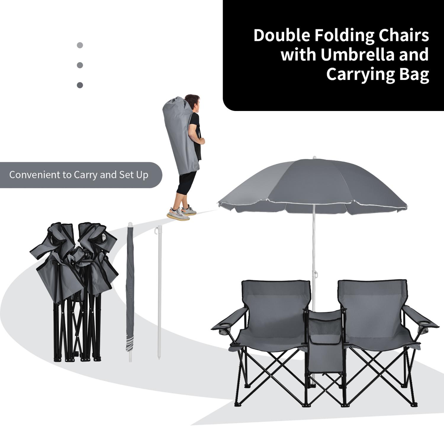 Costway Portable Folding Picnic Double Chair W/Umbrella Table Cooler Beach Camping