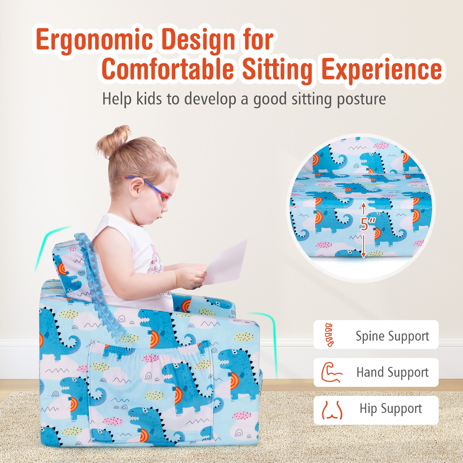 Costway 2-in-1 Convertible Kids Sofa to Lounger Flip-Out Chair w/Storage Pocket